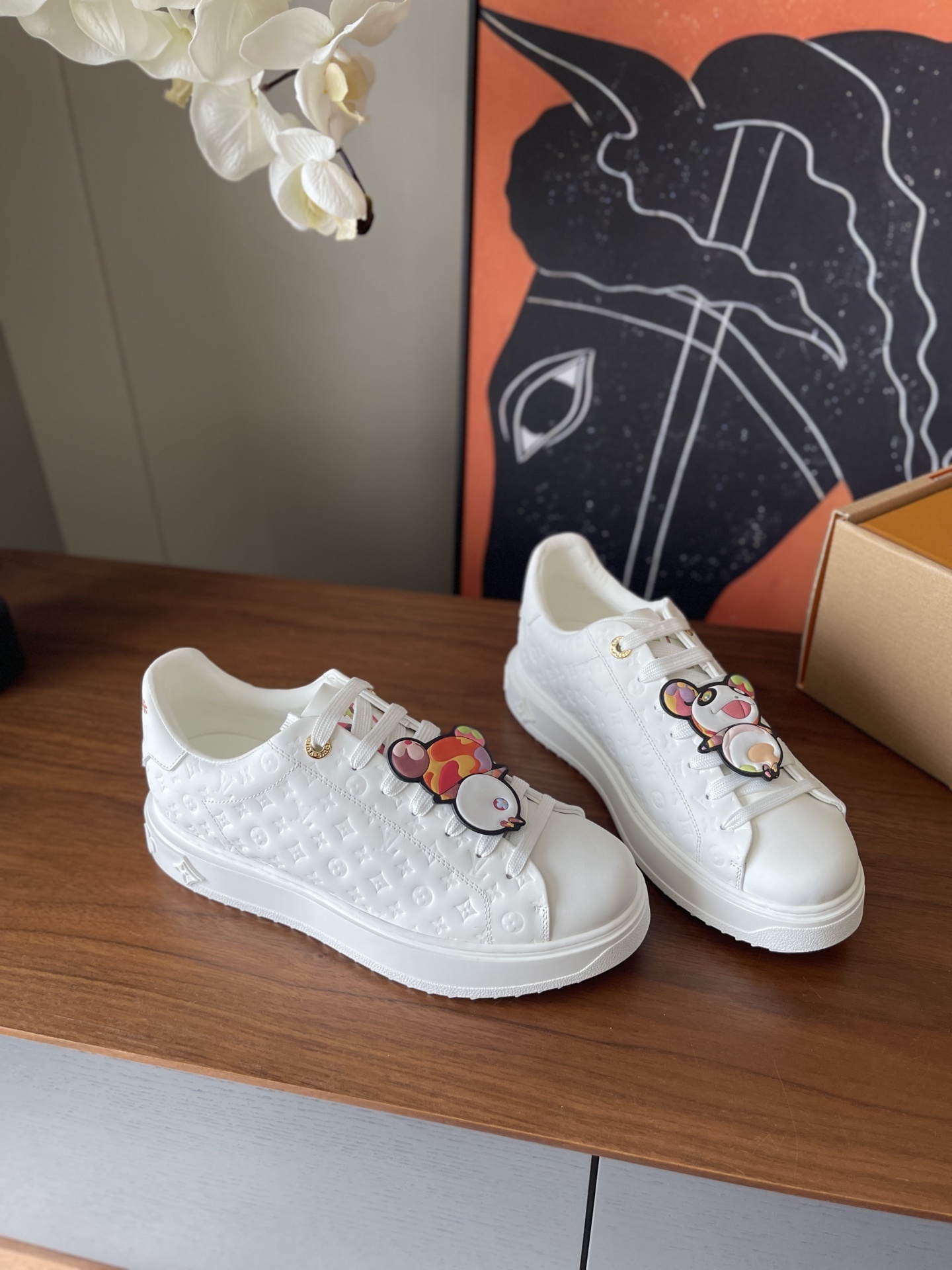 Louis Vuitton Monogram White Platform Sneakers with Cartoon Charms