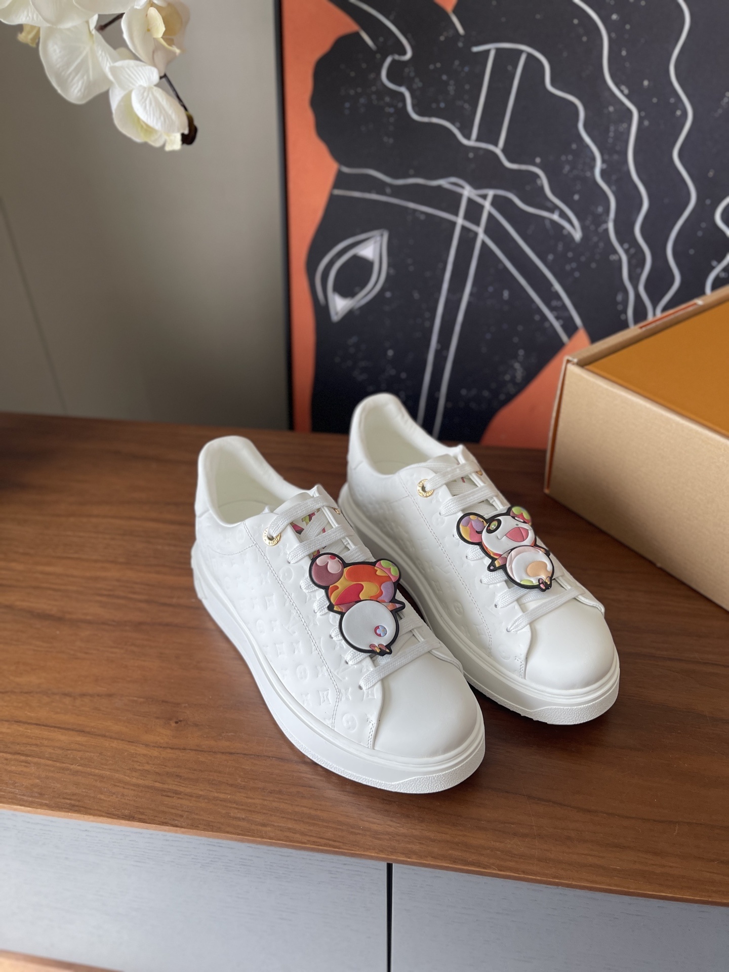 Louis Vuitton Monogram White Platform Sneakers with Cartoon Charms