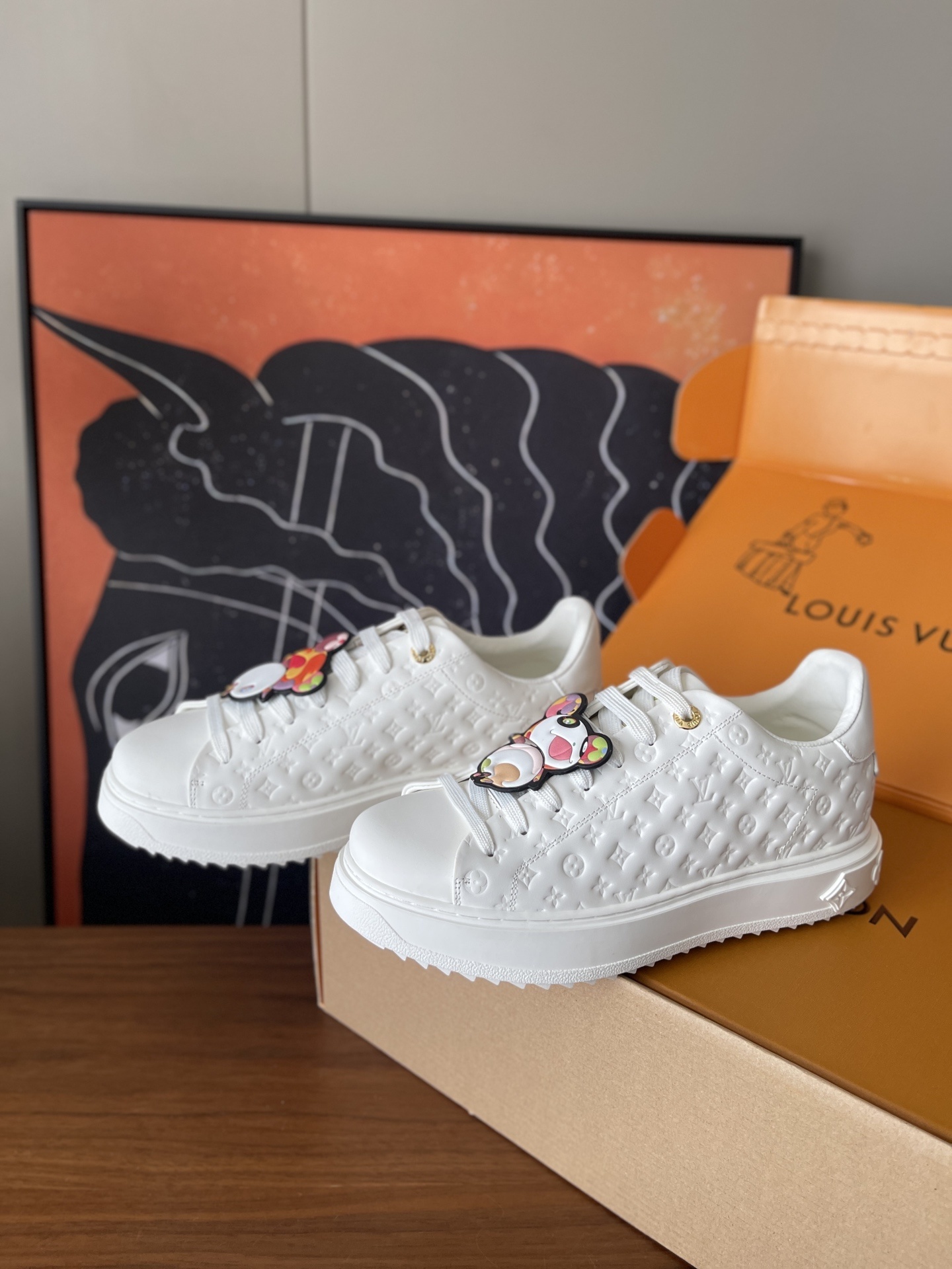 Louis Vuitton Monogram White Platform Sneakers with Cartoon Charms