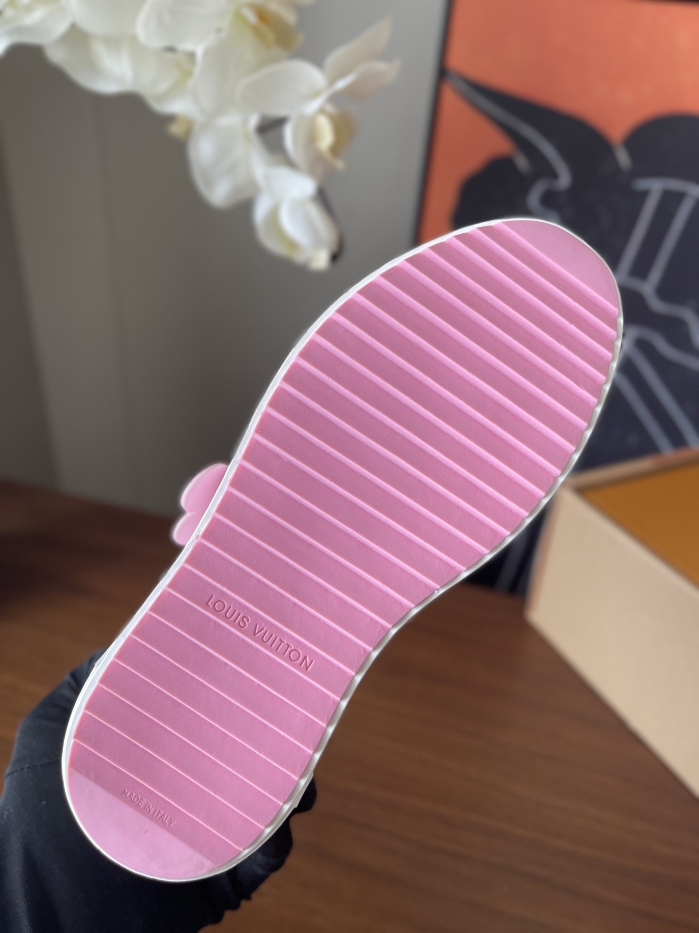 Louis Vuitton Time Out White Leather Sneakers with Pink Flower Charm