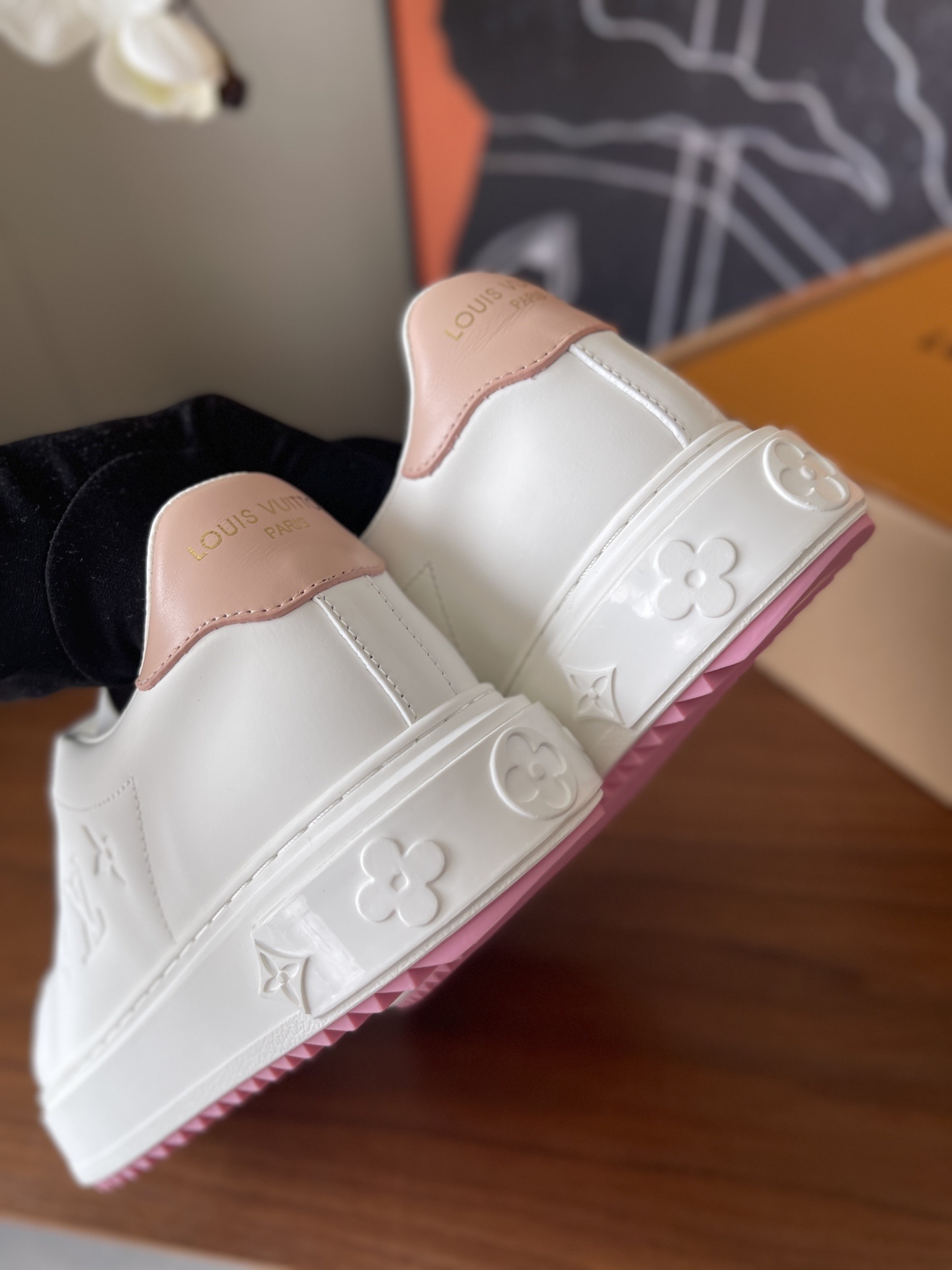 Louis Vuitton Time Out White Leather Sneakers with Pink Flower Charm