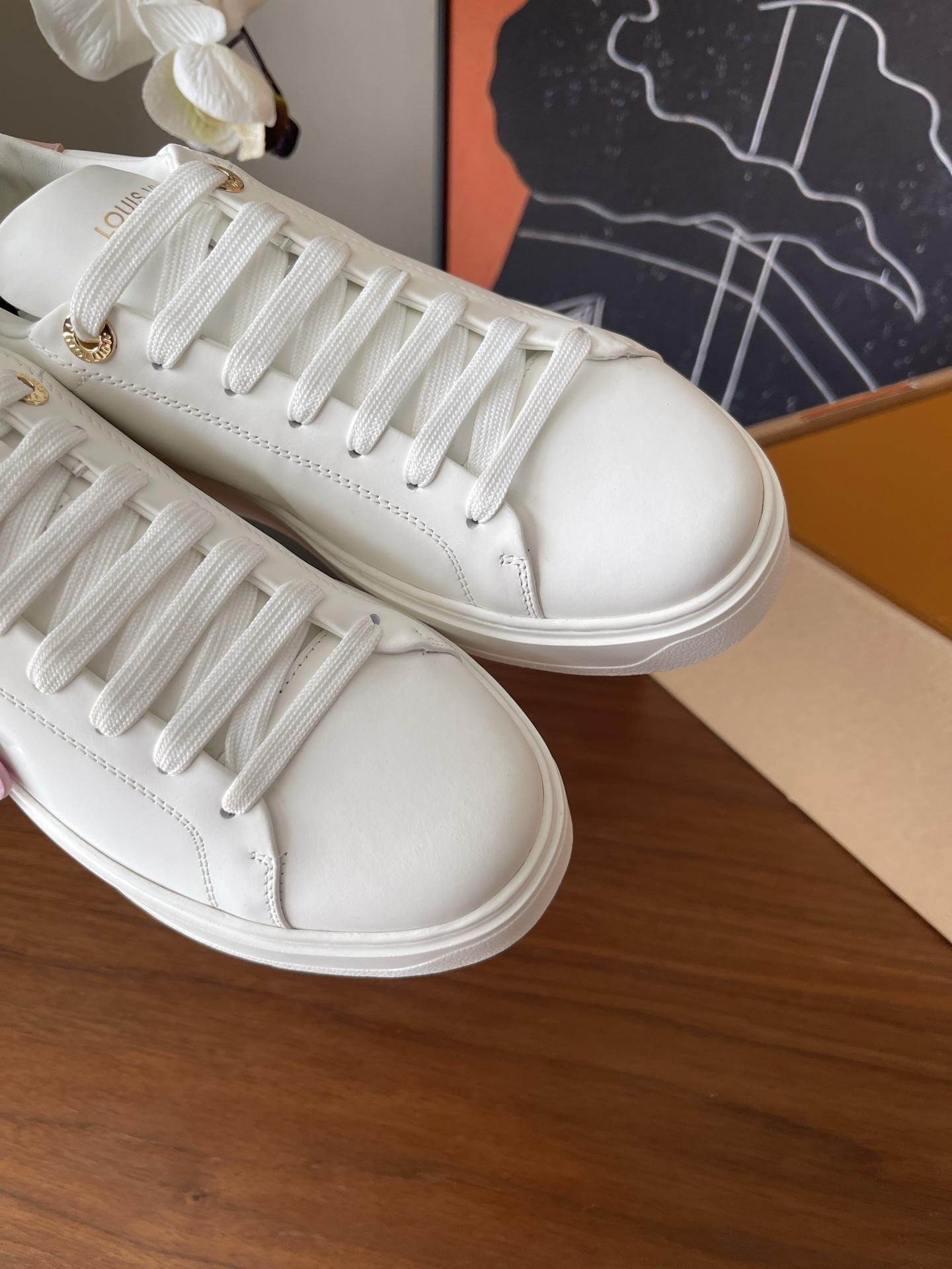 Louis Vuitton Time Out White Leather Sneakers with Pink Flower Charm
