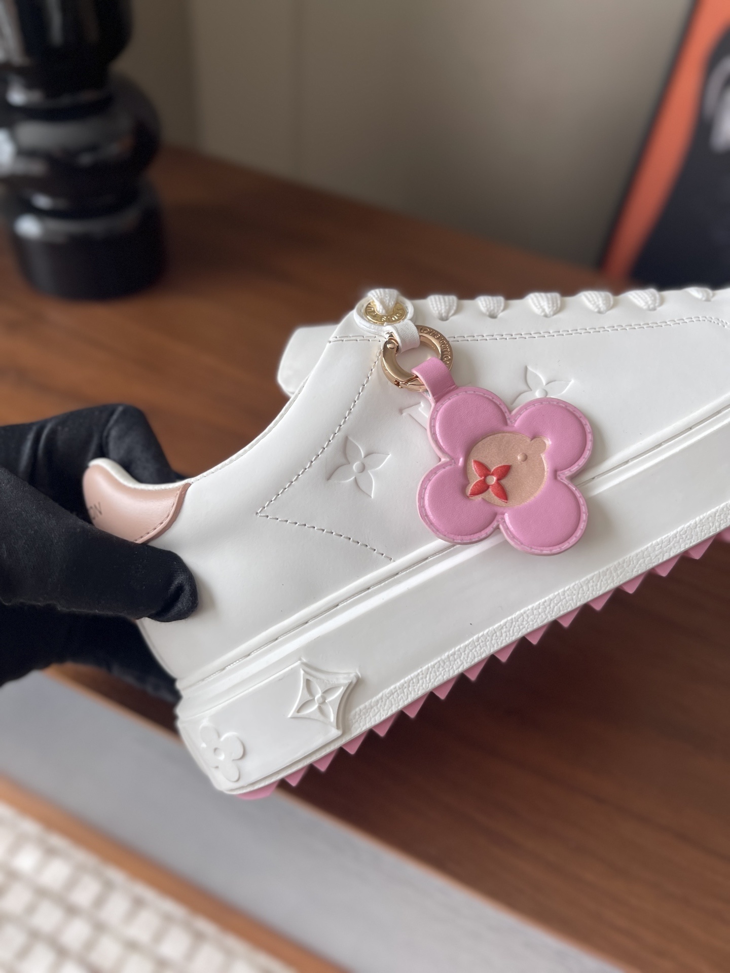 Louis Vuitton Time Out White Leather Sneakers with Pink Flower Charm