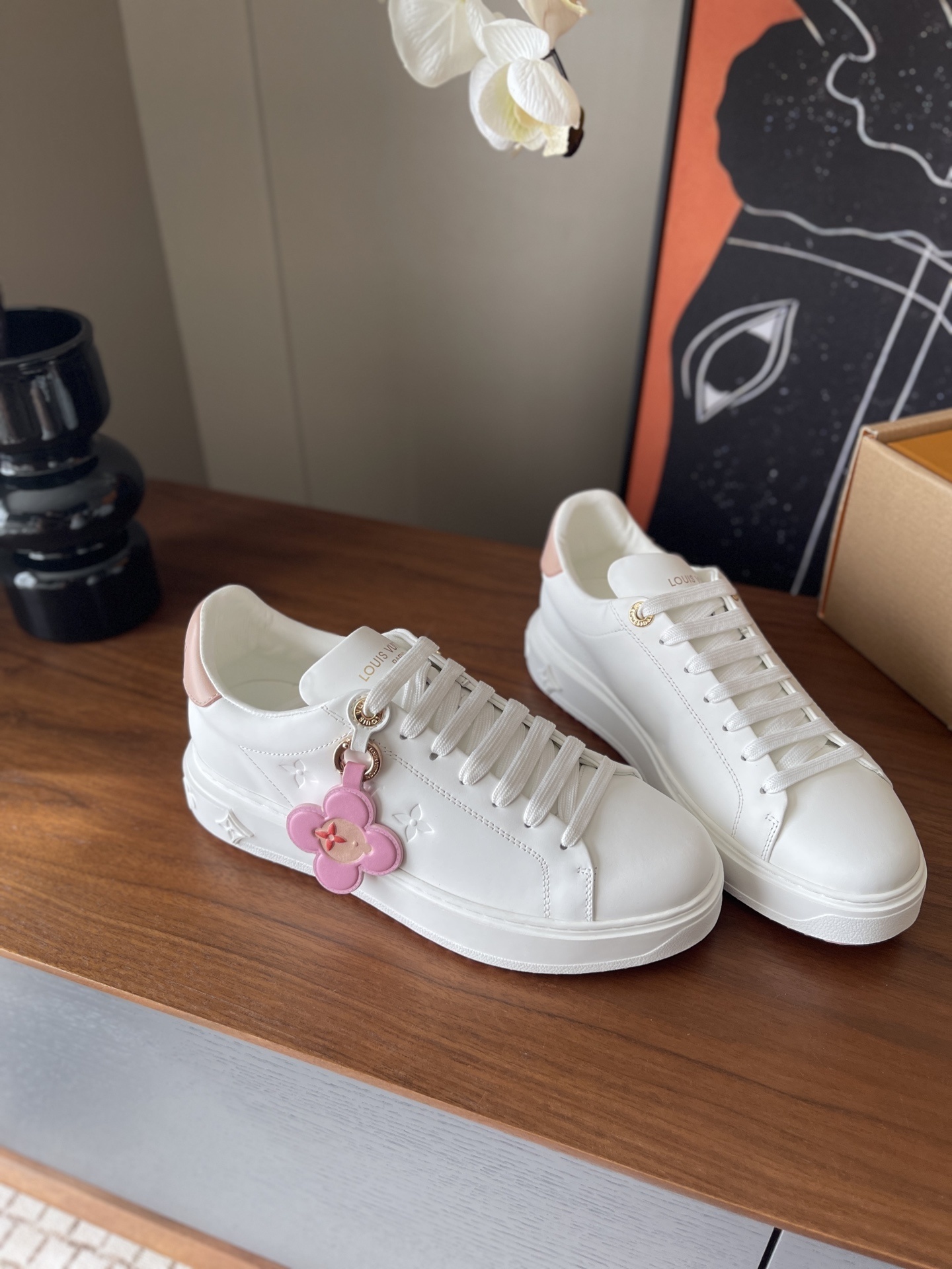 Louis Vuitton Time Out White Leather Sneakers with Pink Flower Charm