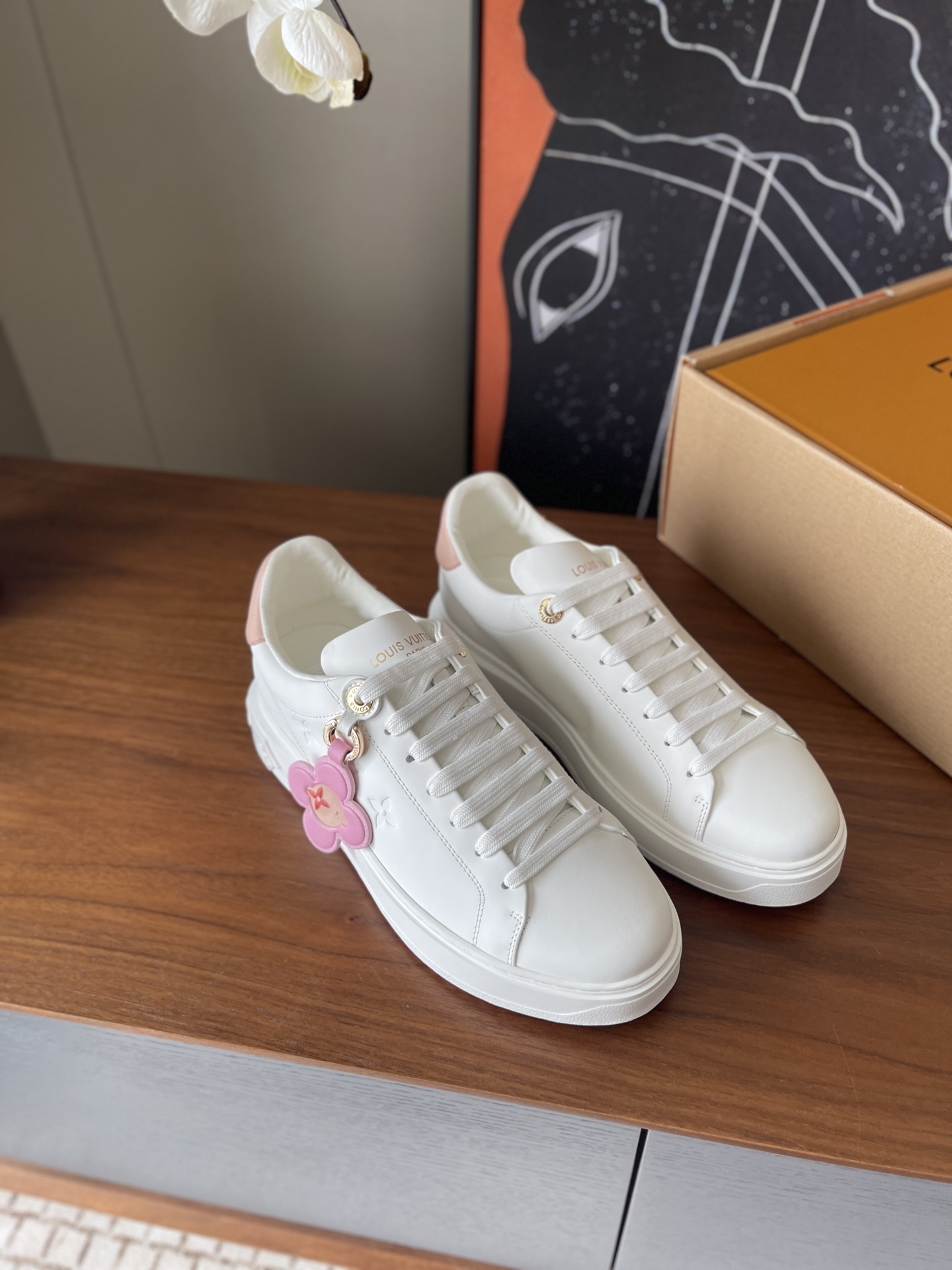 Louis Vuitton Time Out White Leather Sneakers with Pink Flower Charm
