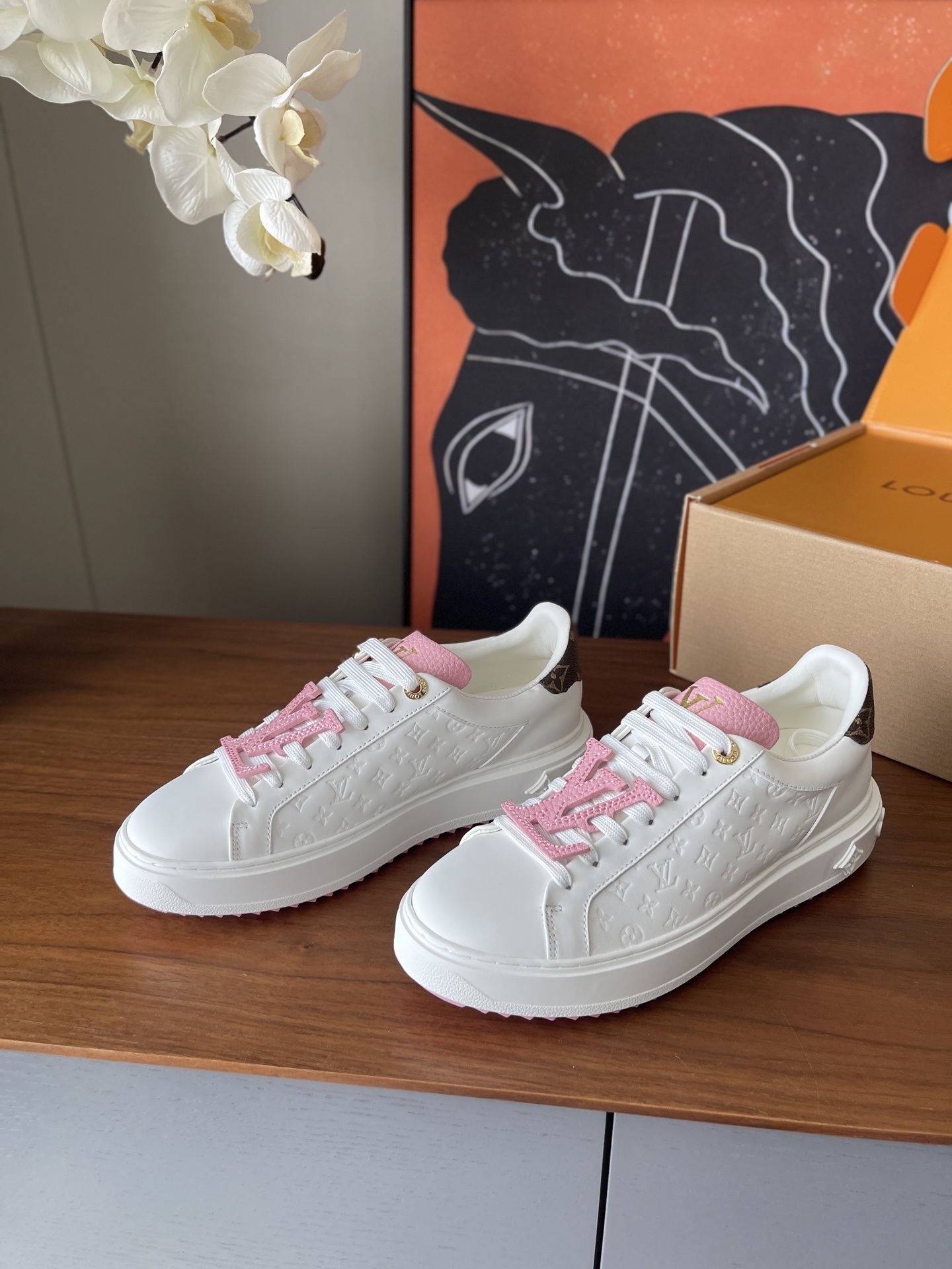 Louis Vuitton Pink Monogram White Leather Sneakers for Women