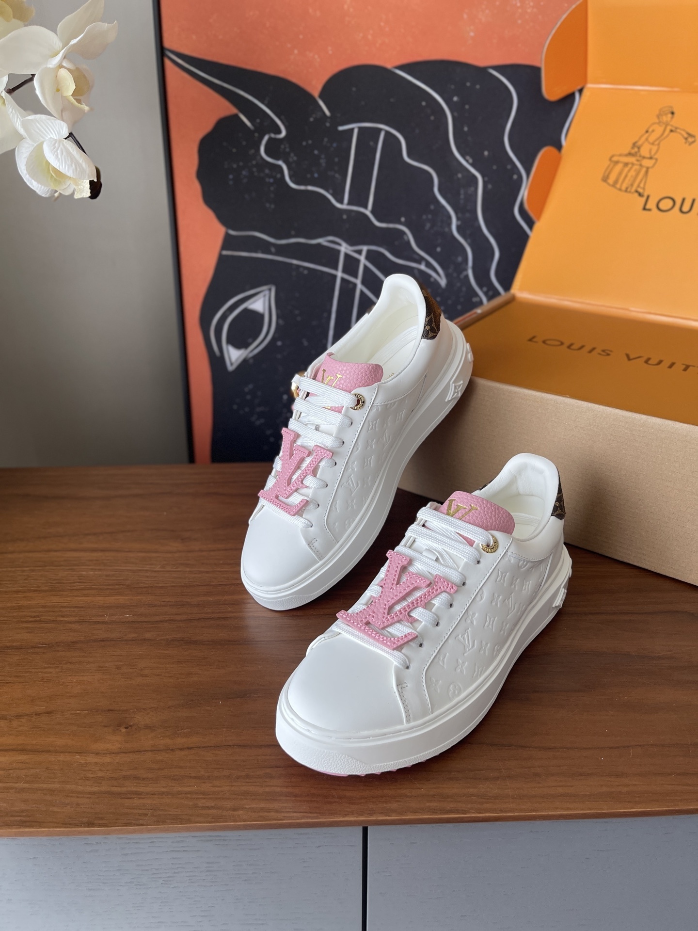 Louis Vuitton Pink Monogram White Leather Sneakers for Women