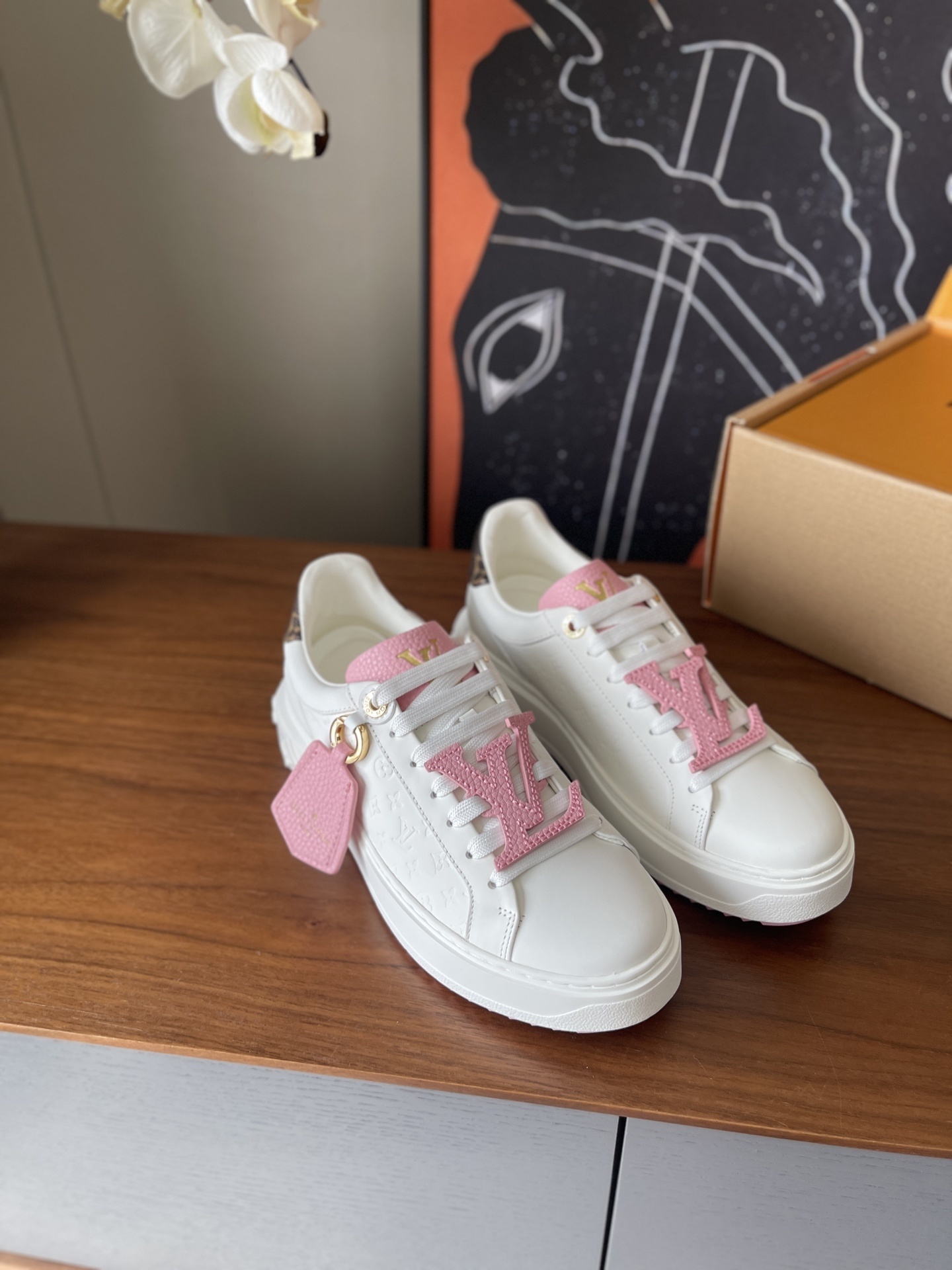 Louis Vuitton Pink Monogram White Leather Sneakers for Women