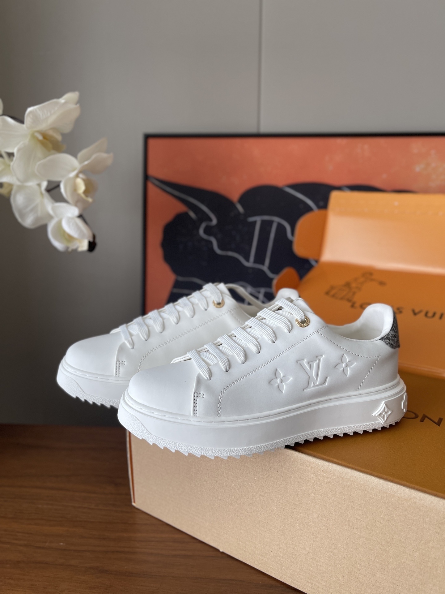 LV White Monogram Embossed Leather Platform Sneakers for Women