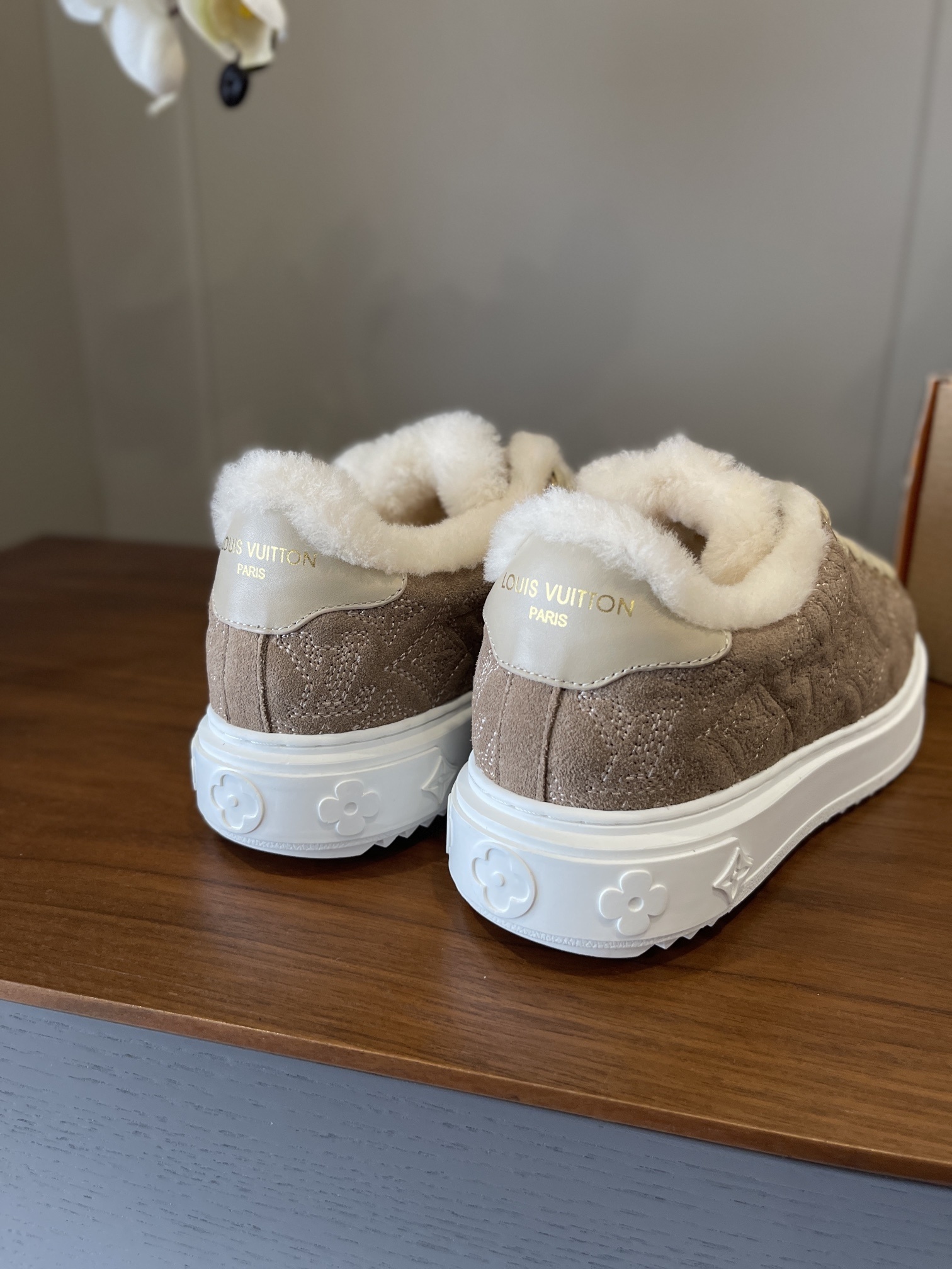 Louis Vuitton Monogram Suede Shearling Sneakers - Beige & White