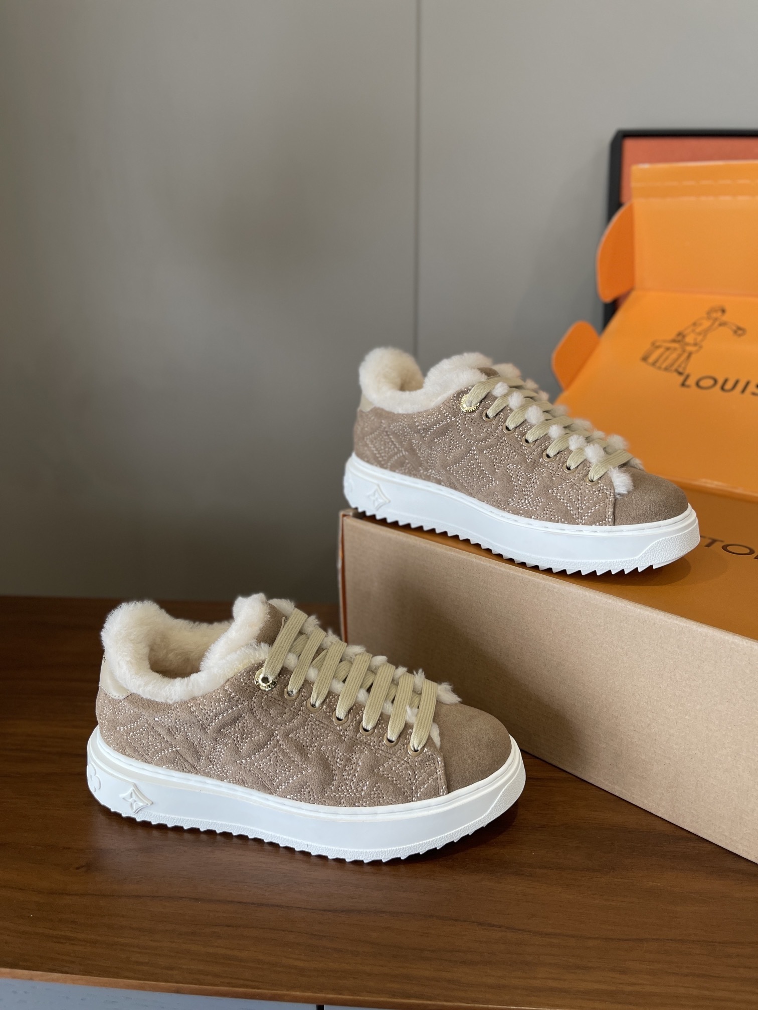 Louis Vuitton Monogram Suede Shearling Sneakers - Beige & White
