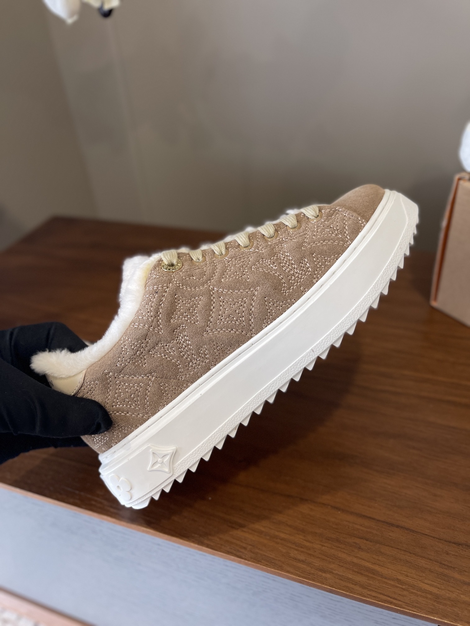 Louis Vuitton Monogram Suede Shearling Sneakers - Beige & White