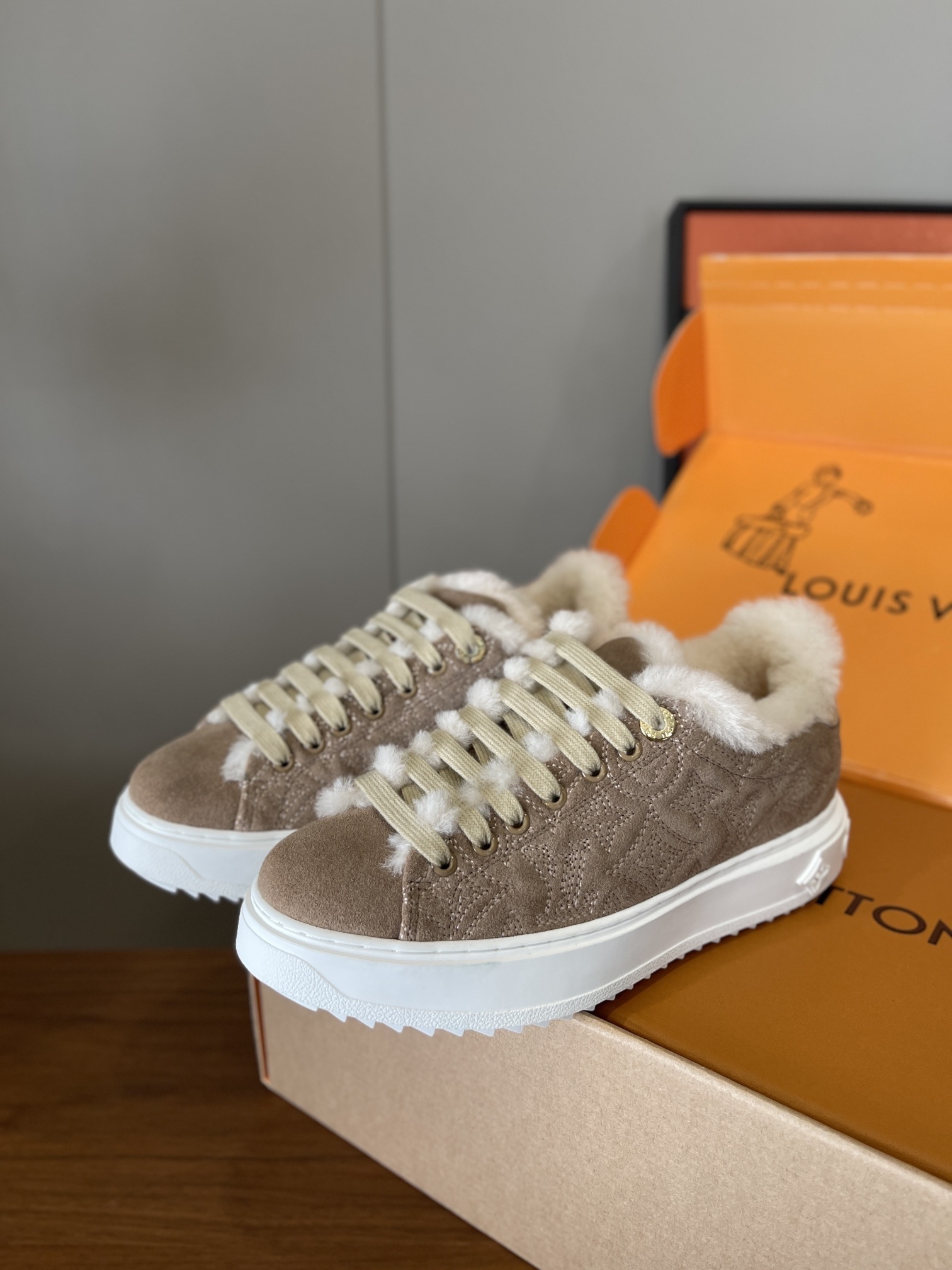 Louis Vuitton Monogram Suede Shearling Sneakers – Beige & White