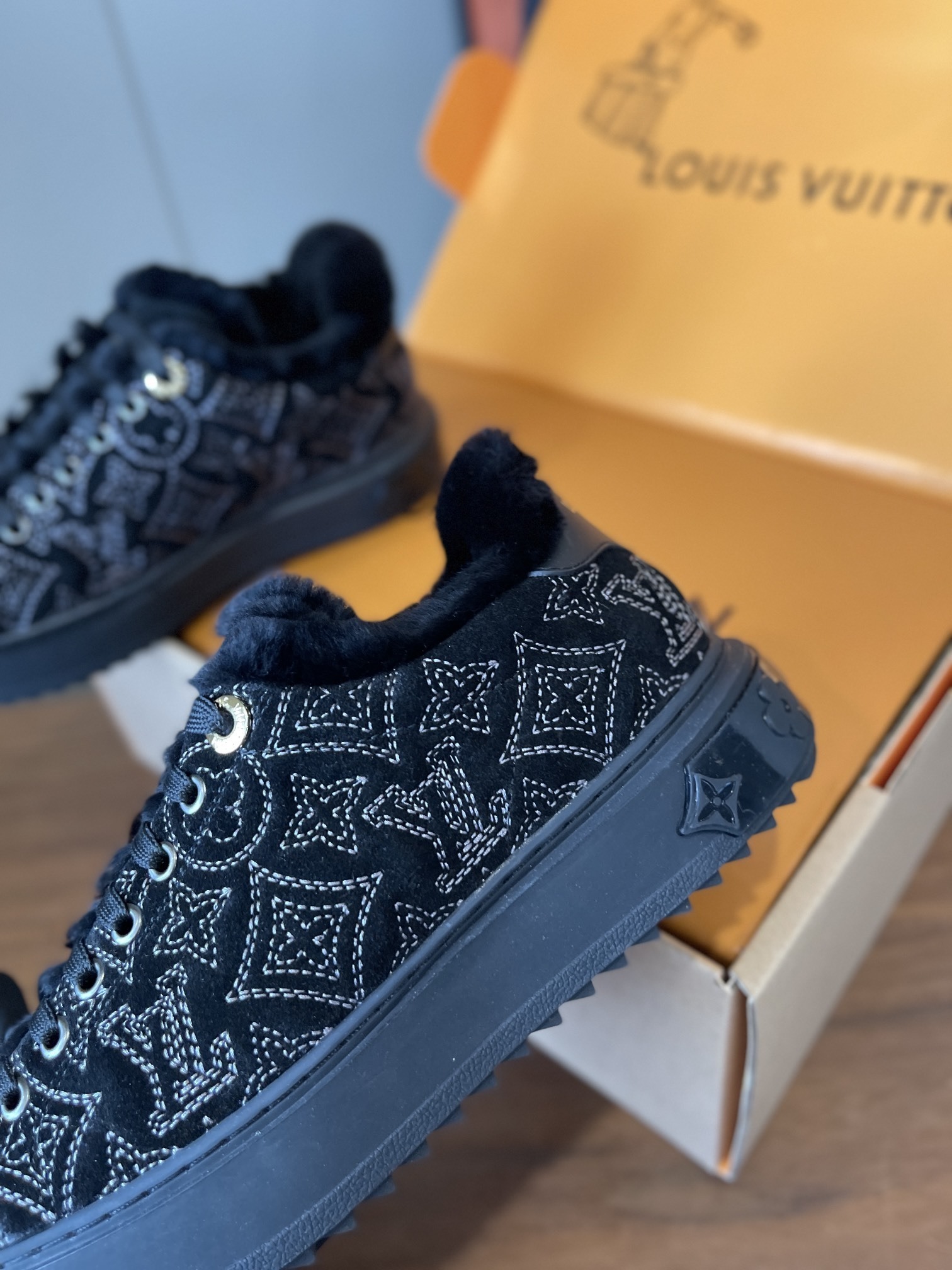 Louis Vuitton Time Out Black Monogram Shearling-Lined Sneakers