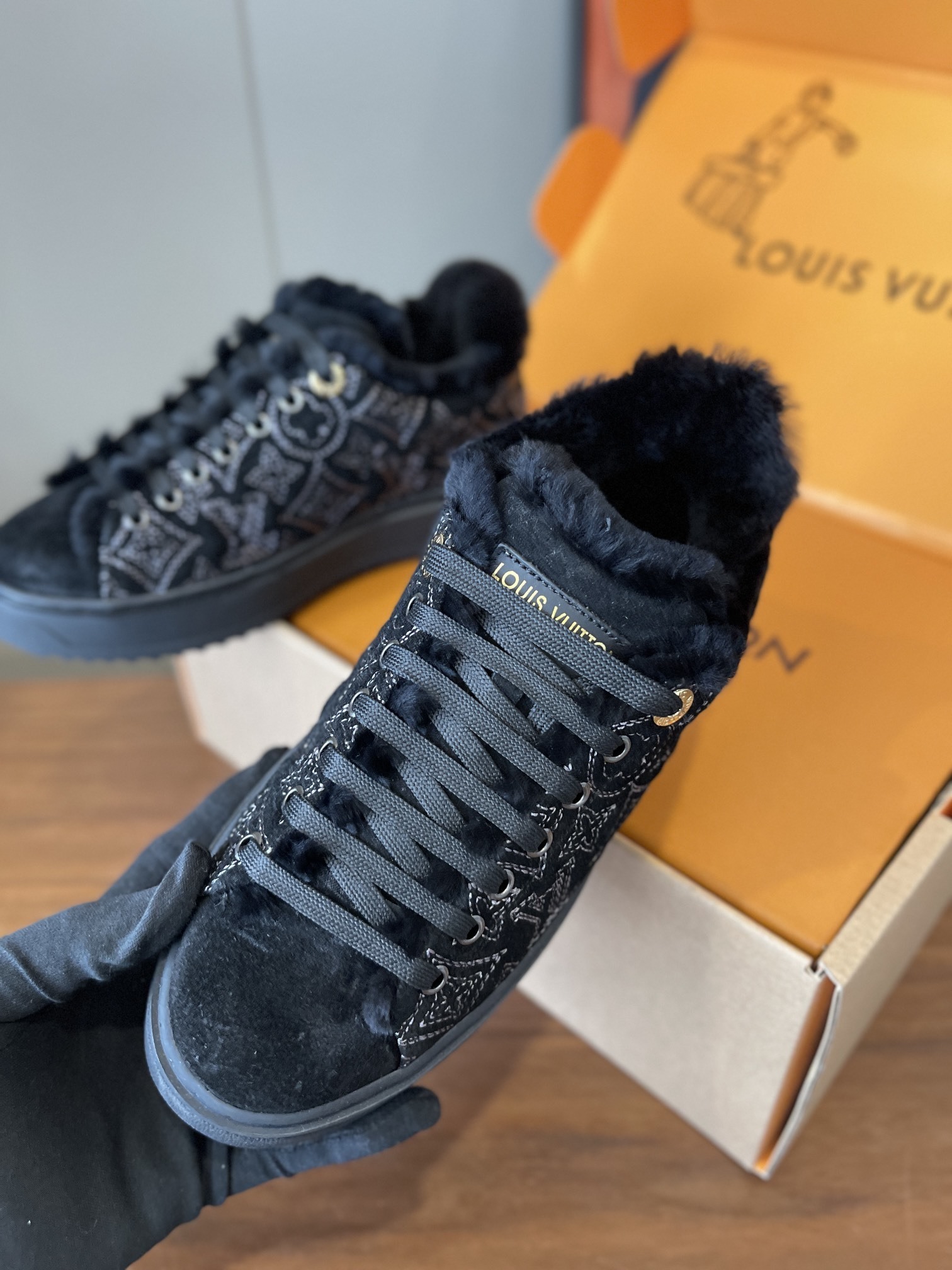 Louis Vuitton Time Out Black Monogram Shearling-Lined Sneakers