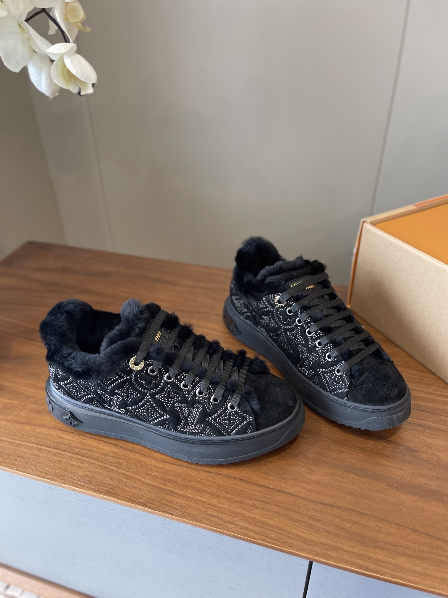 Louis Vuitton Time Out Black Monogram Shearling-Lined Sneakers