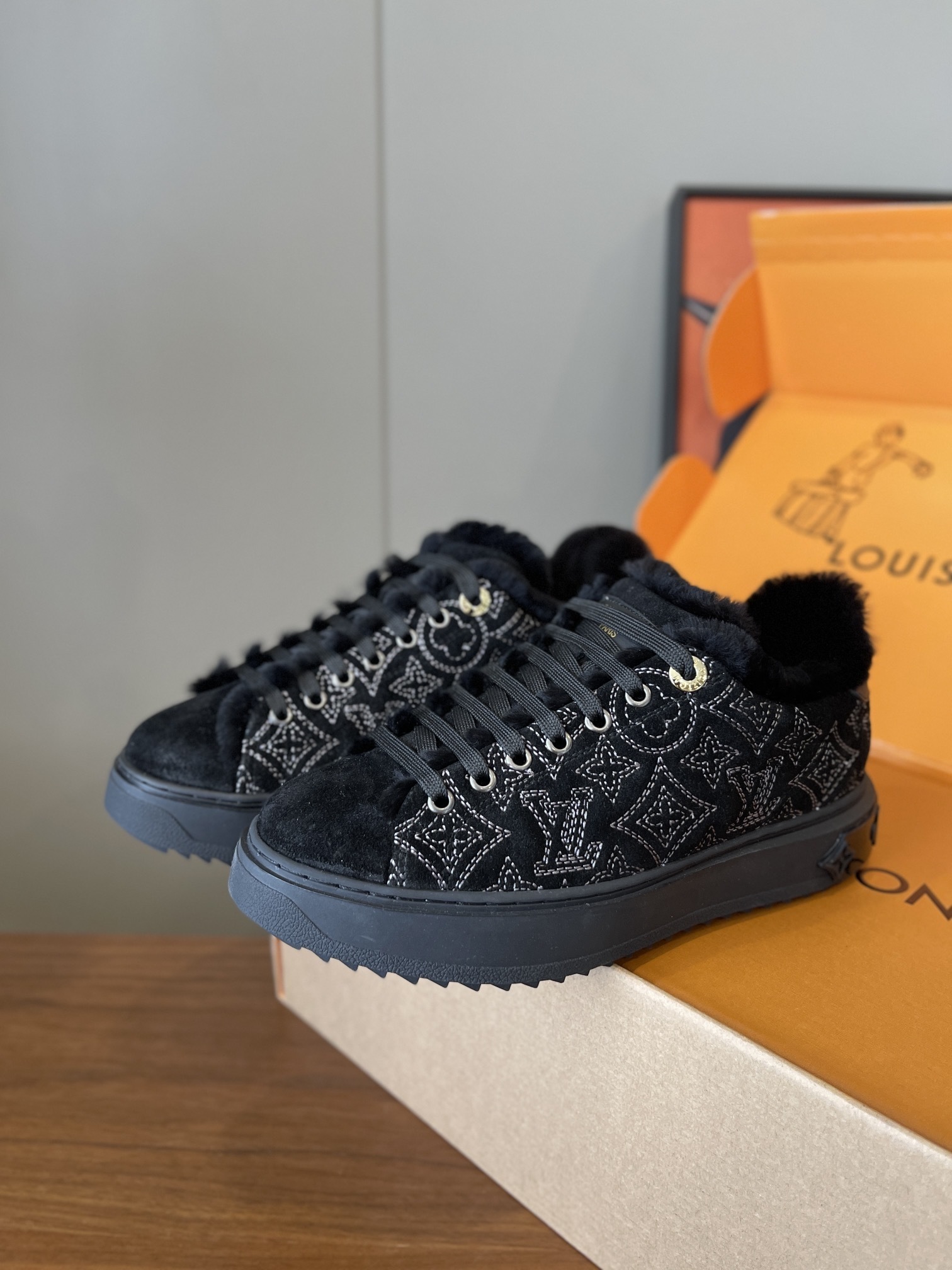 Louis Vuitton Time Out Black Monogram Shearling-Lined Sneakers