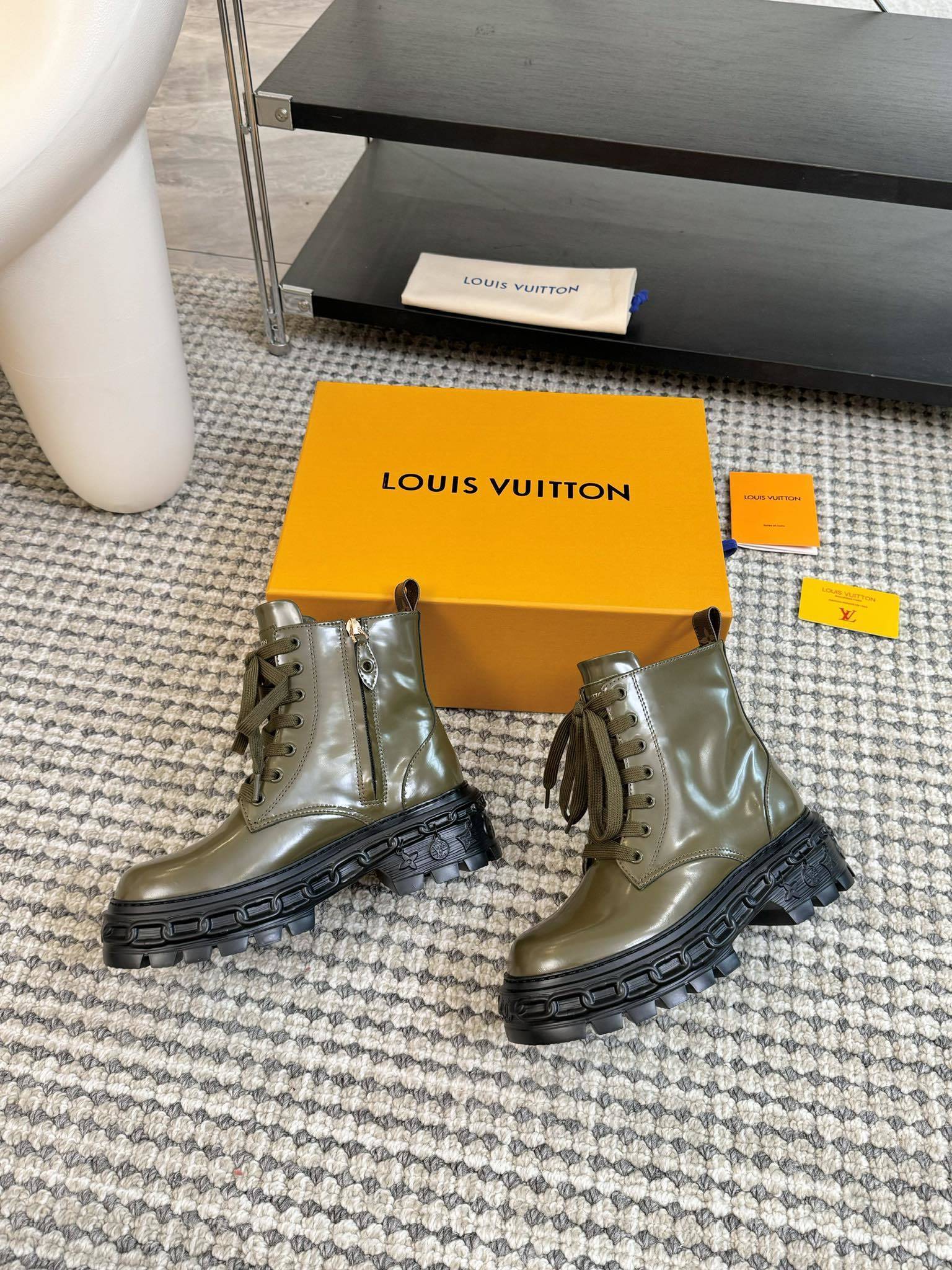 Louis Vuitton Olive Green Leather Combat Boots with Platform Sole