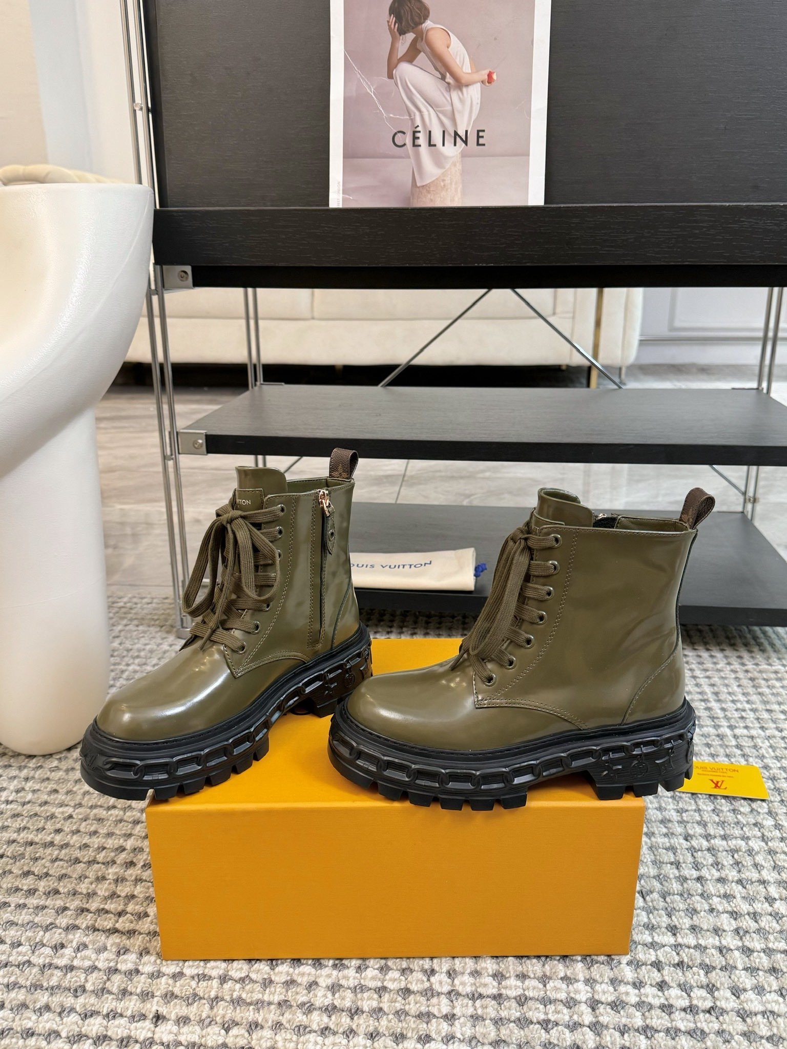 Louis Vuitton Olive Green Leather Combat Boots with Platform Sole