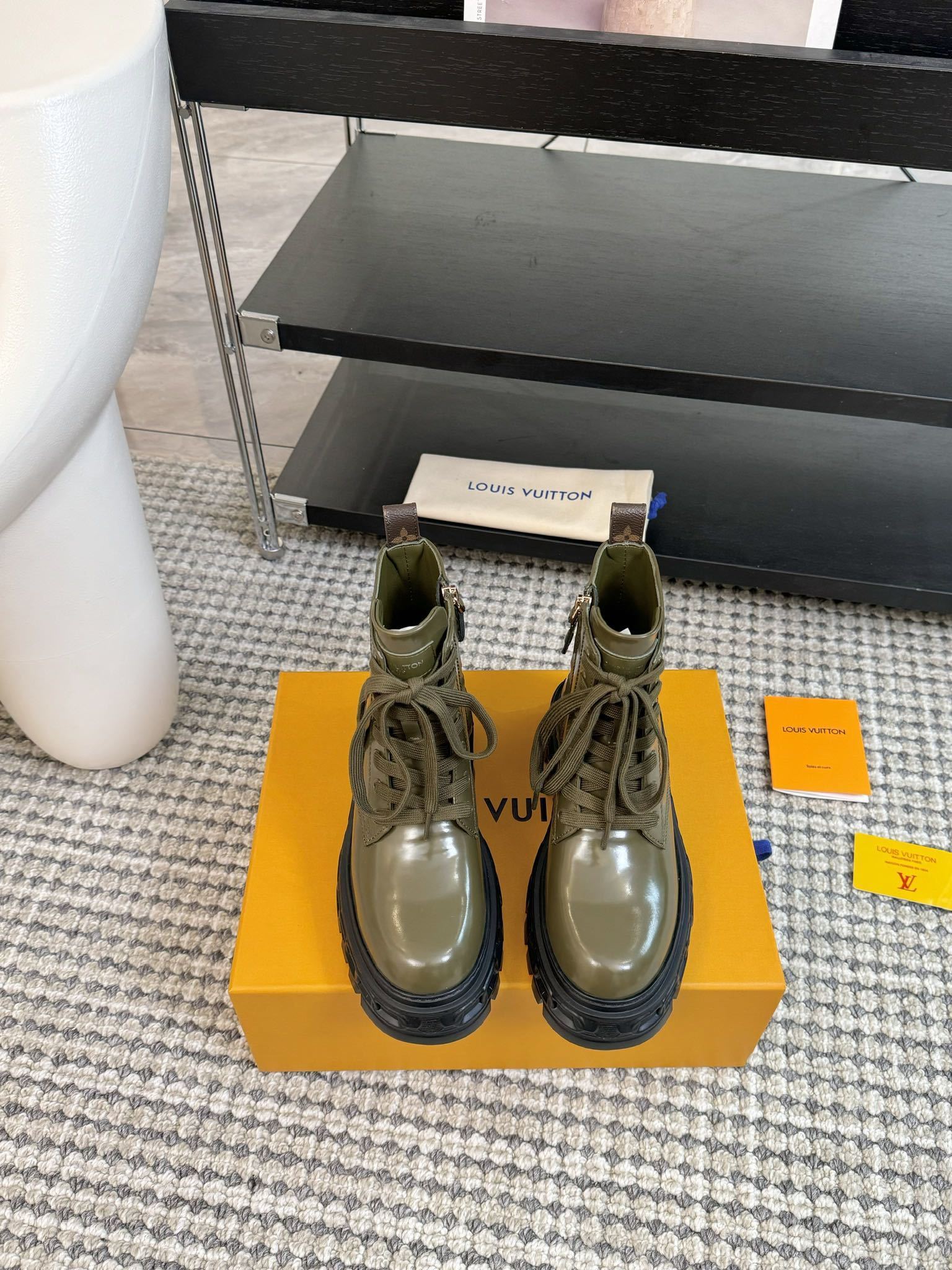 Louis Vuitton Olive Green Leather Combat Boots with Platform Sole