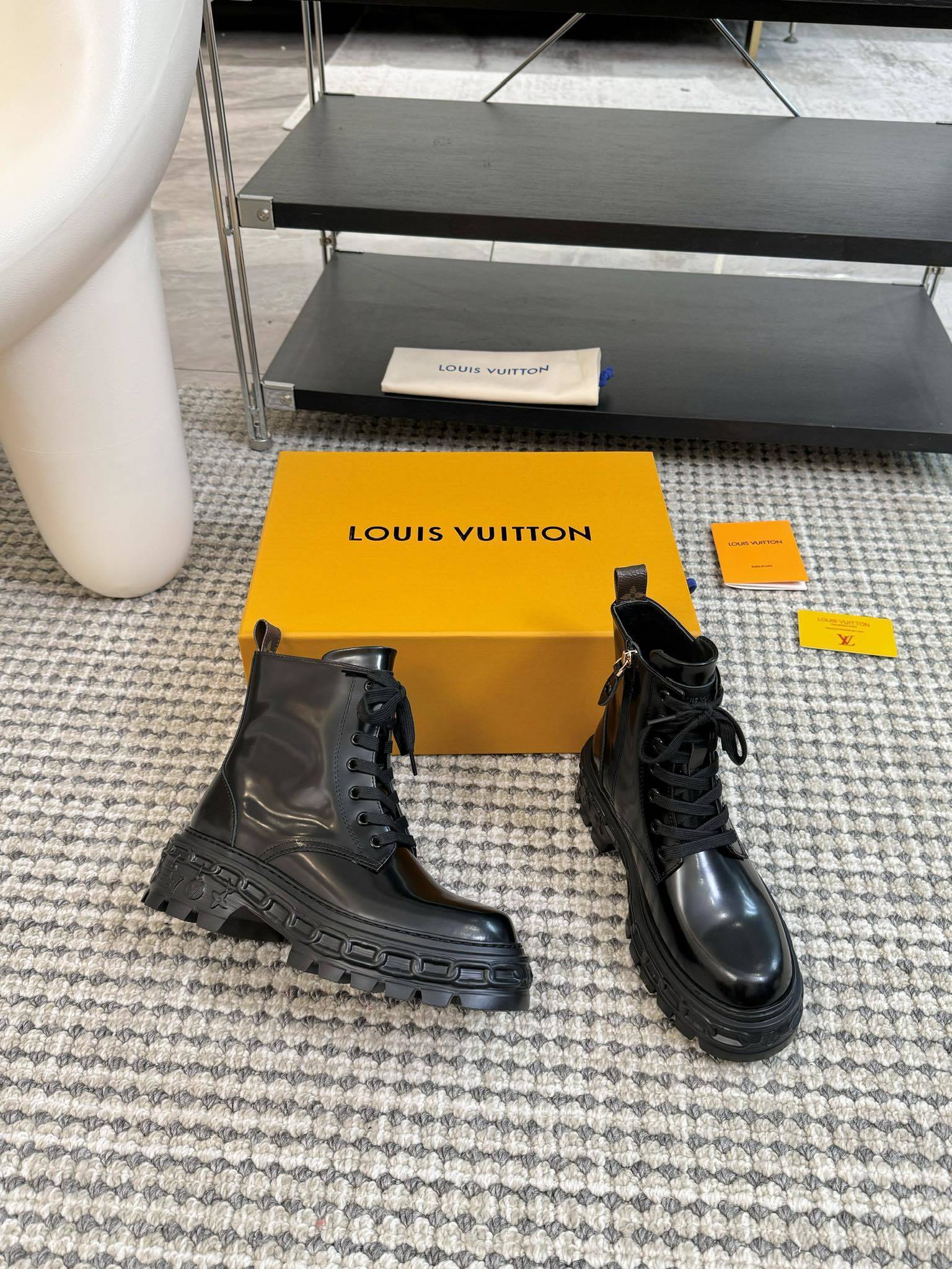 Louis Vuitton Black Leather Combat Ankle Boots - Chunky Sole