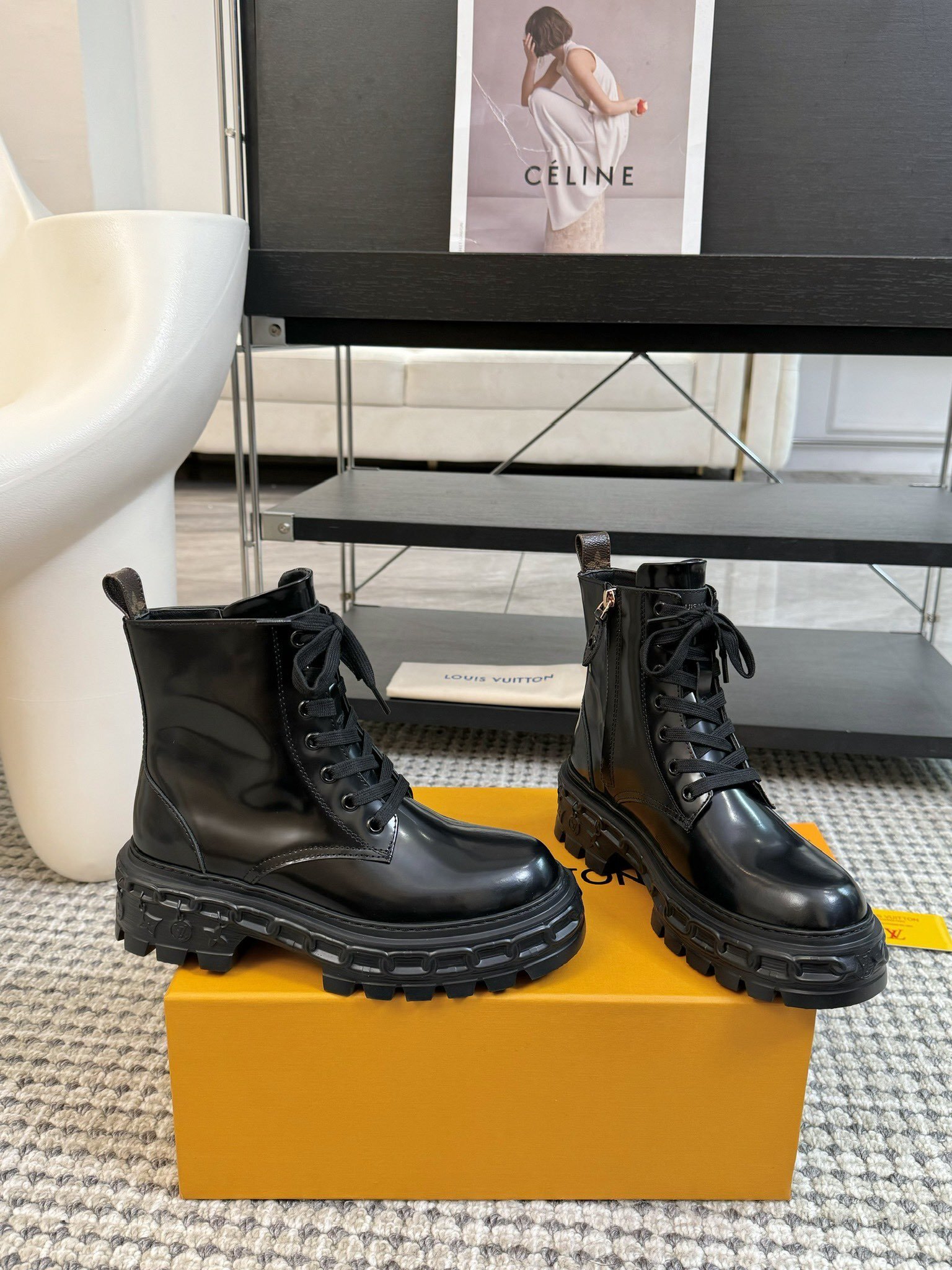 Louis Vuitton Black Leather Combat Ankle Boots - Chunky Sole