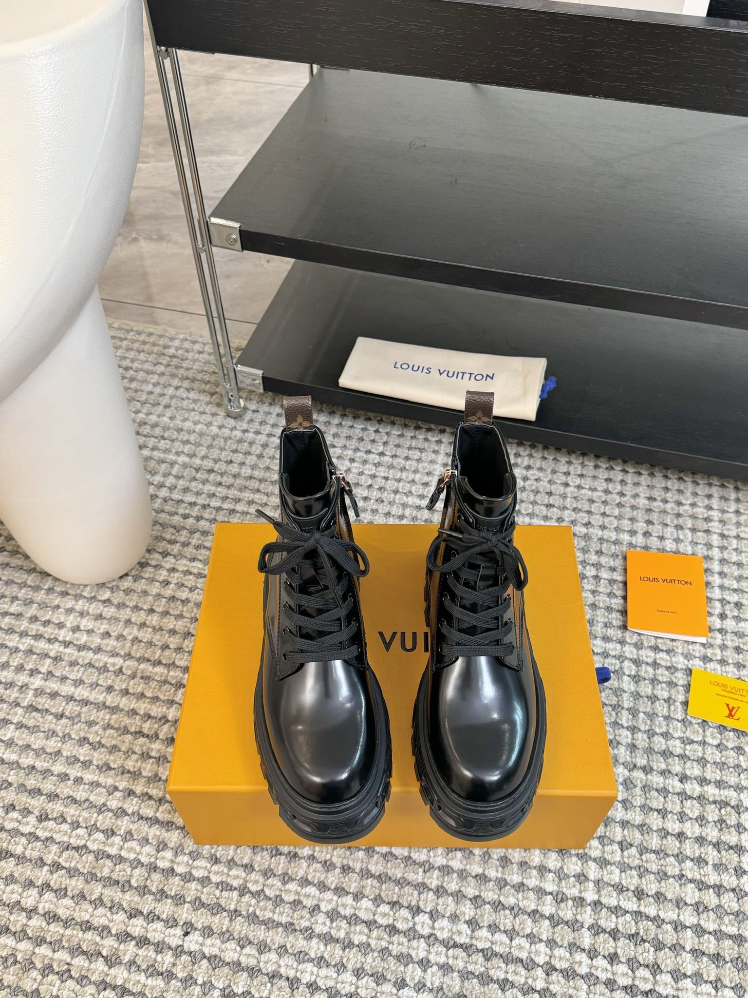 Louis Vuitton Black Leather Combat Ankle Boots – Chunky Sole