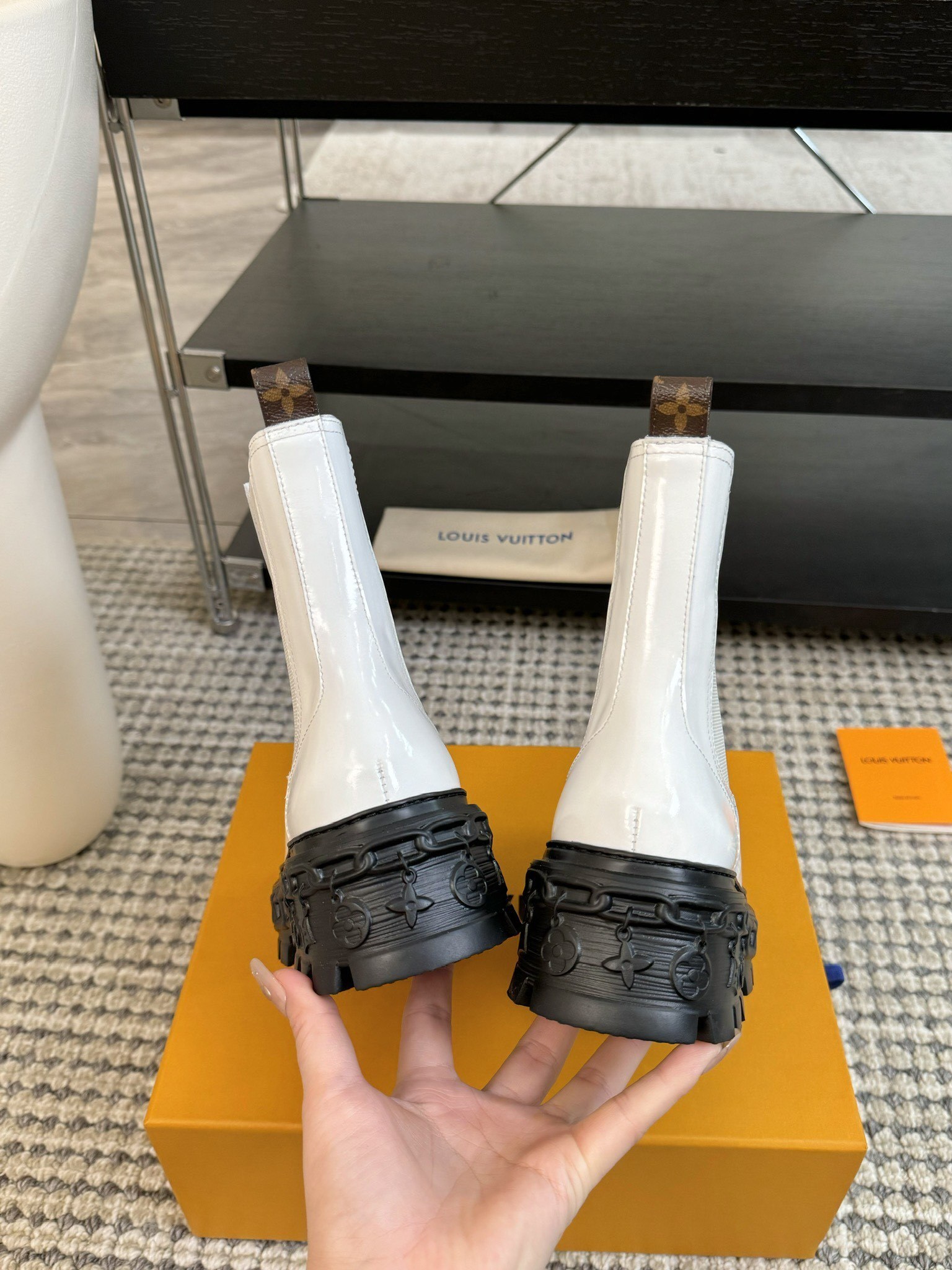 Louis Vuitton White Patent Leather Lug Sole Chelsea Boots