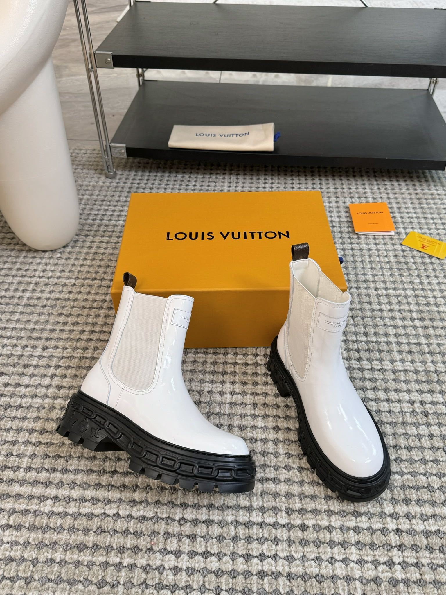 Louis Vuitton White Patent Leather Lug Sole Chelsea Boots