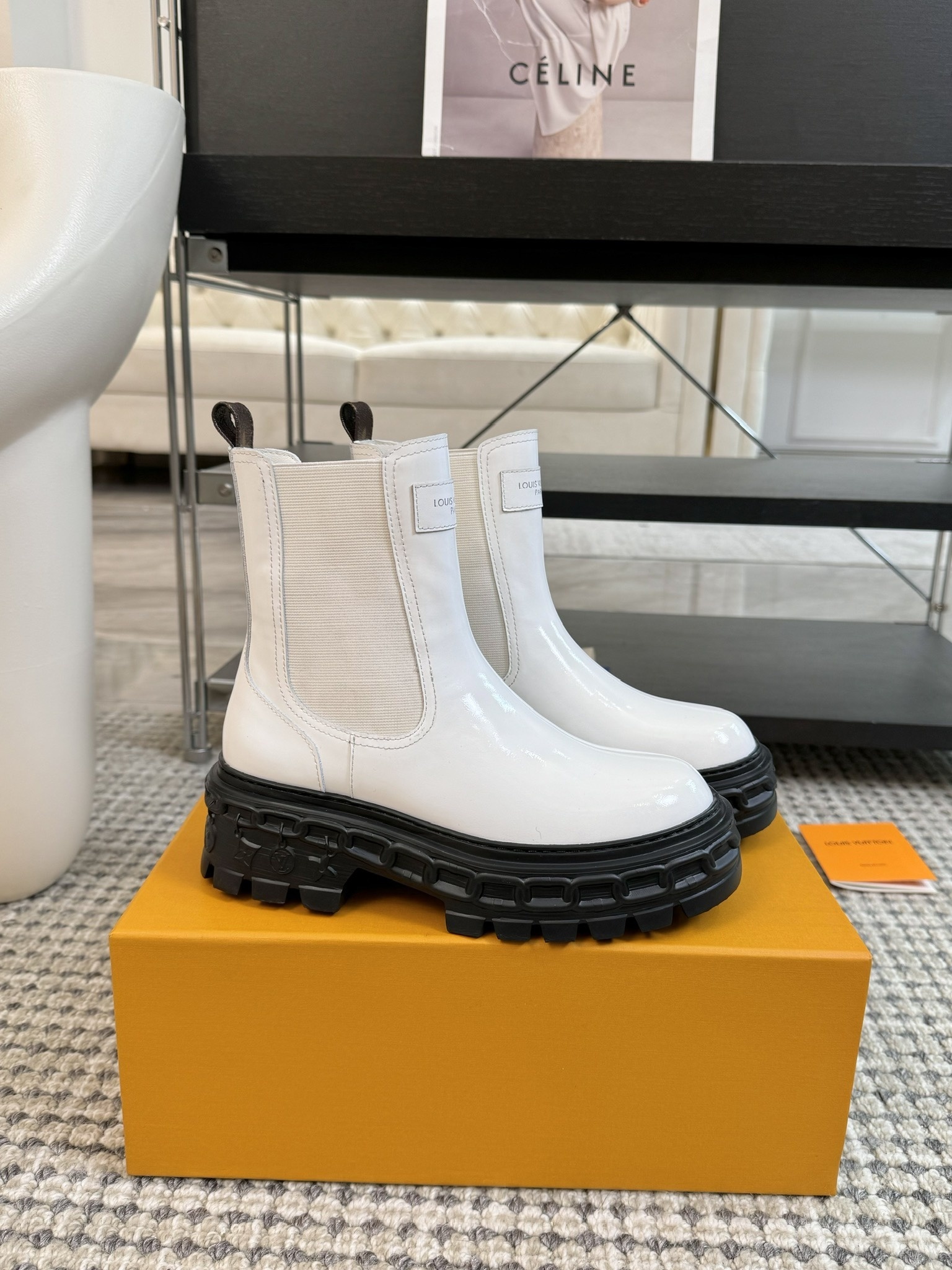 Louis Vuitton White Patent Leather Lug Sole Chelsea Boots