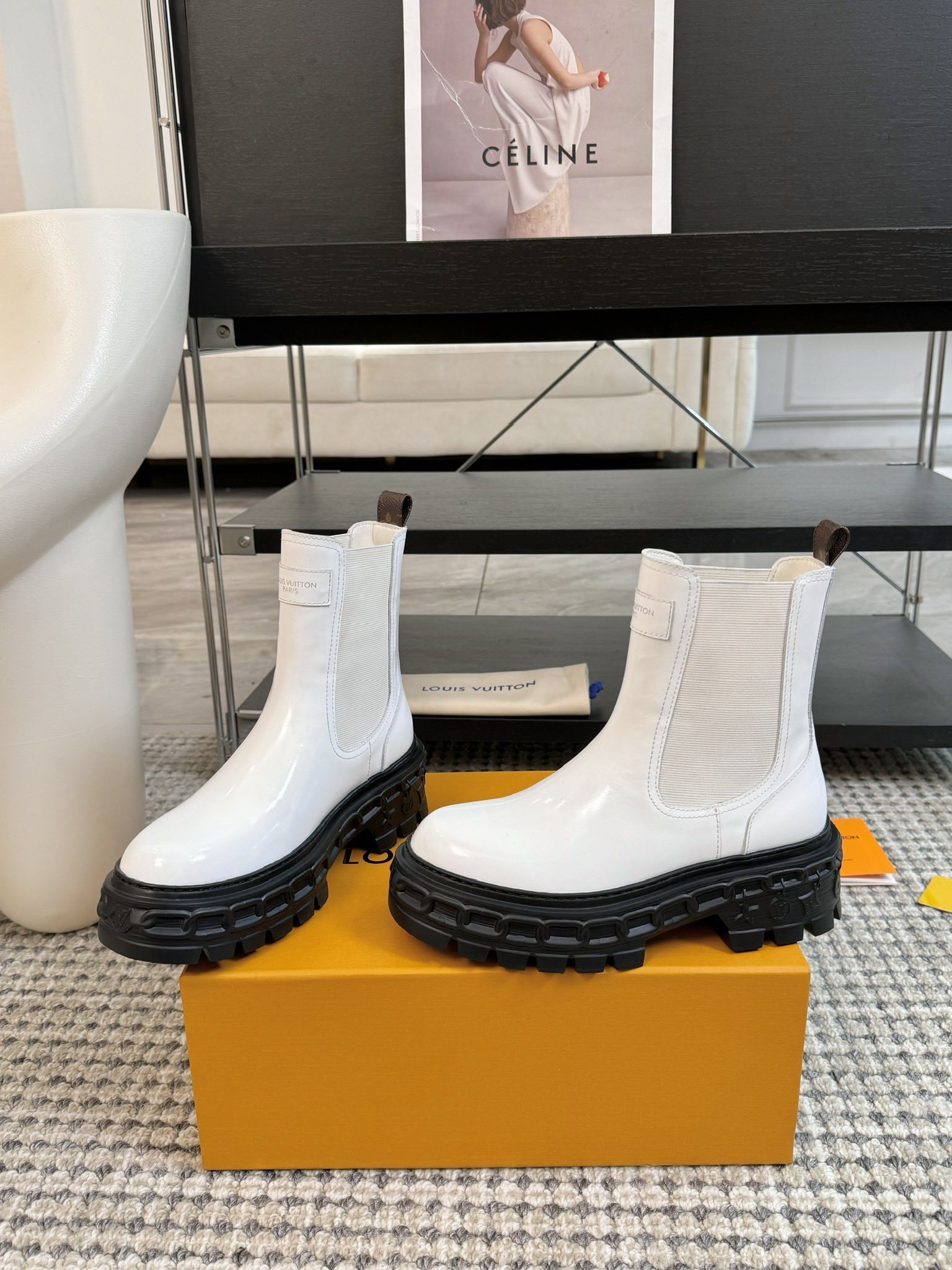Louis Vuitton White Patent Leather Lug Sole Chelsea Boots