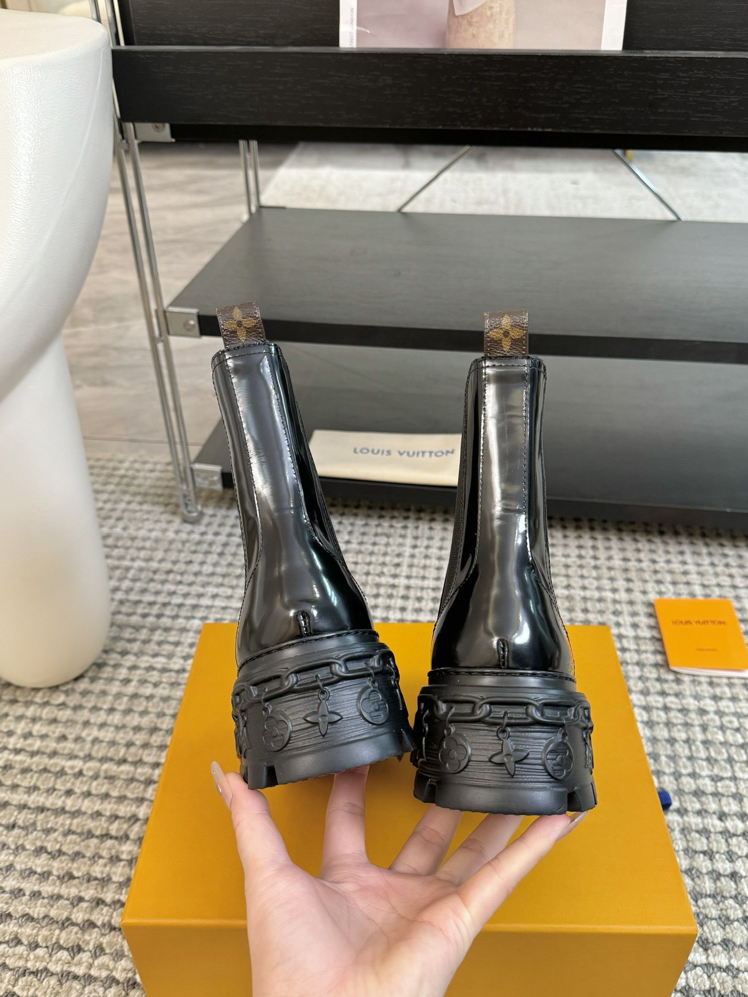 Louis Vuitton Black Patent Chelsea Boots with Chunky Lug Sole