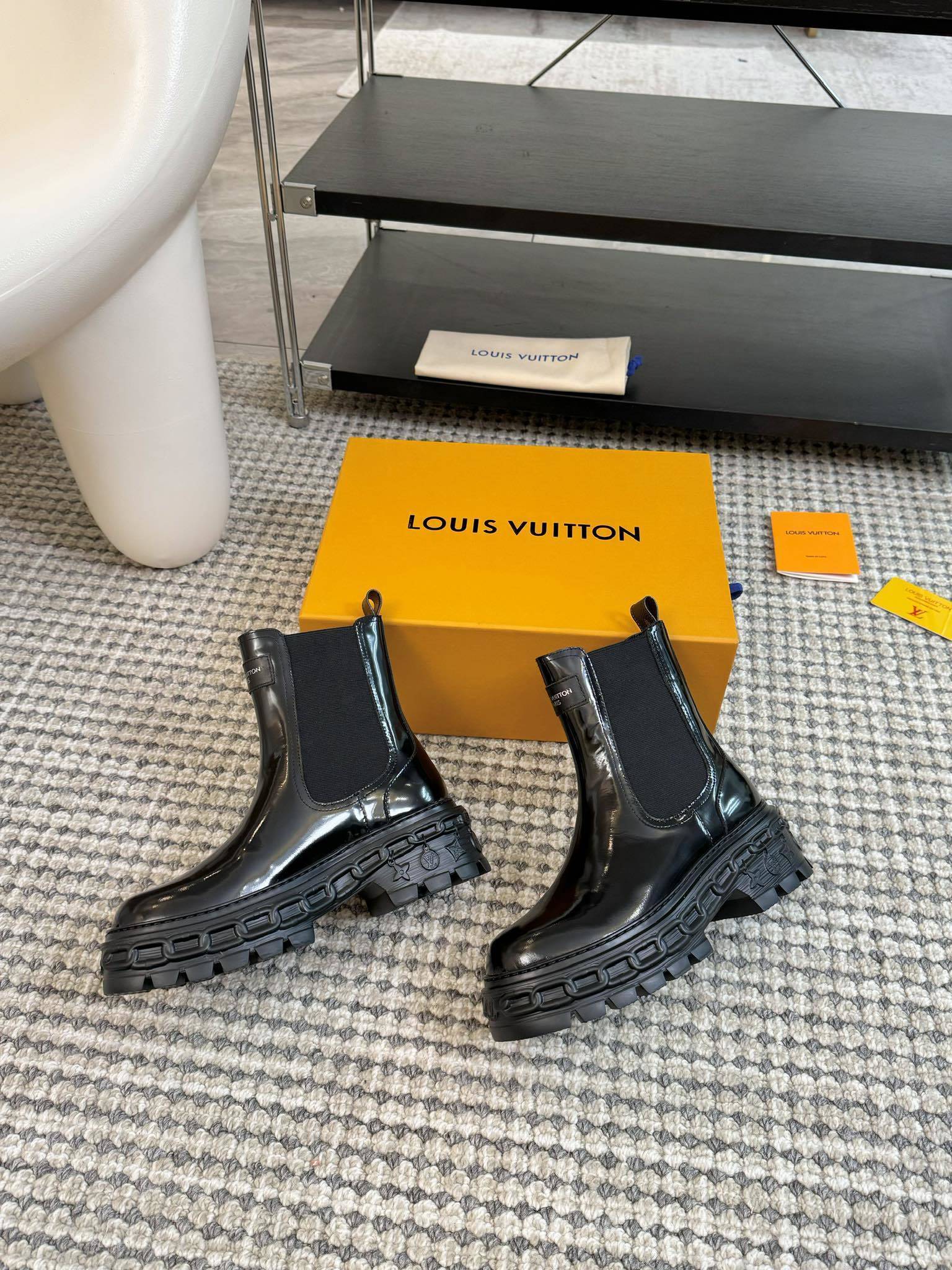 Louis Vuitton Black Patent Chelsea Boots with Chunky Lug Sole