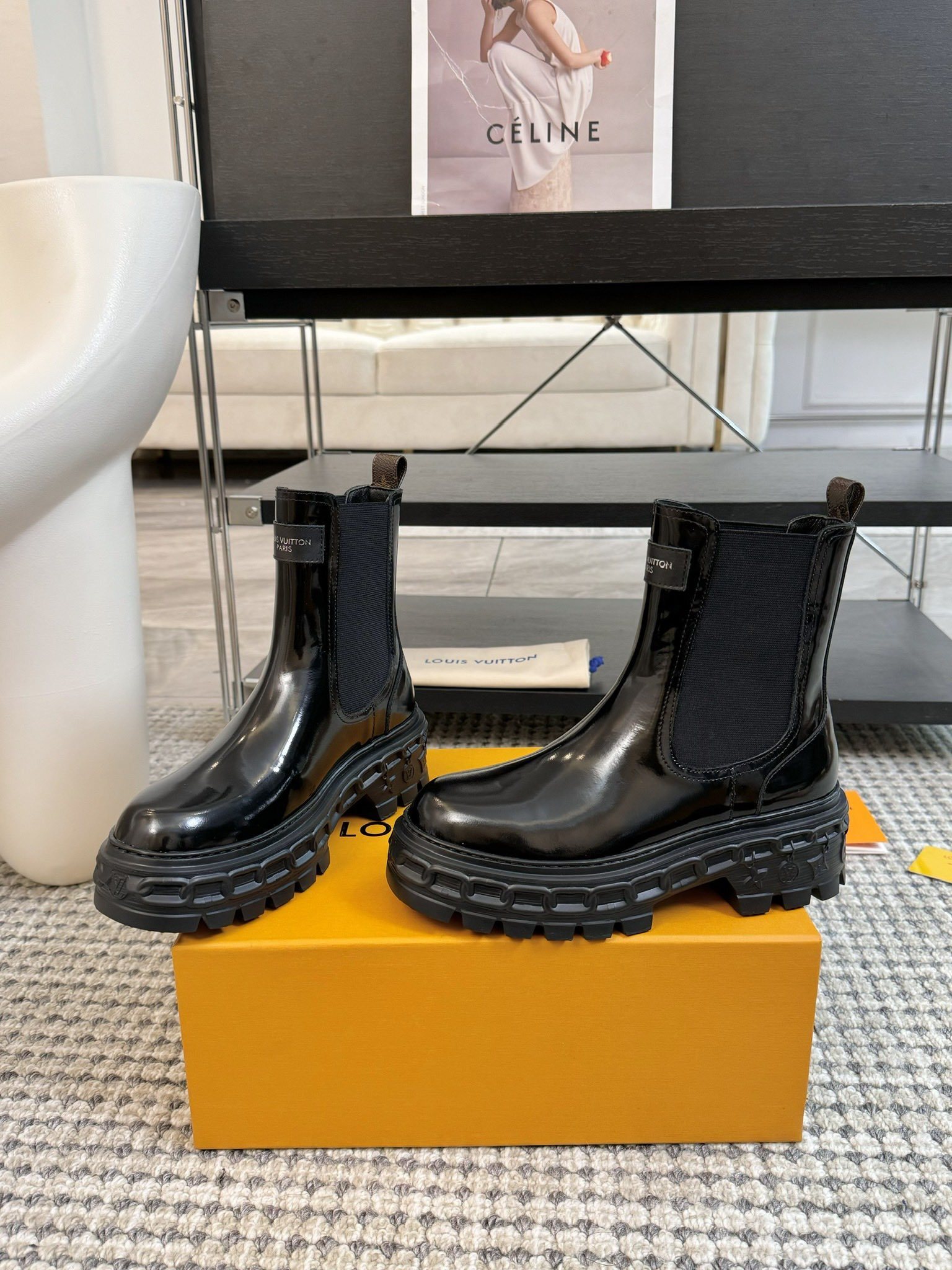 Louis Vuitton Black Patent Chelsea Boots with Chunky Lug Sole