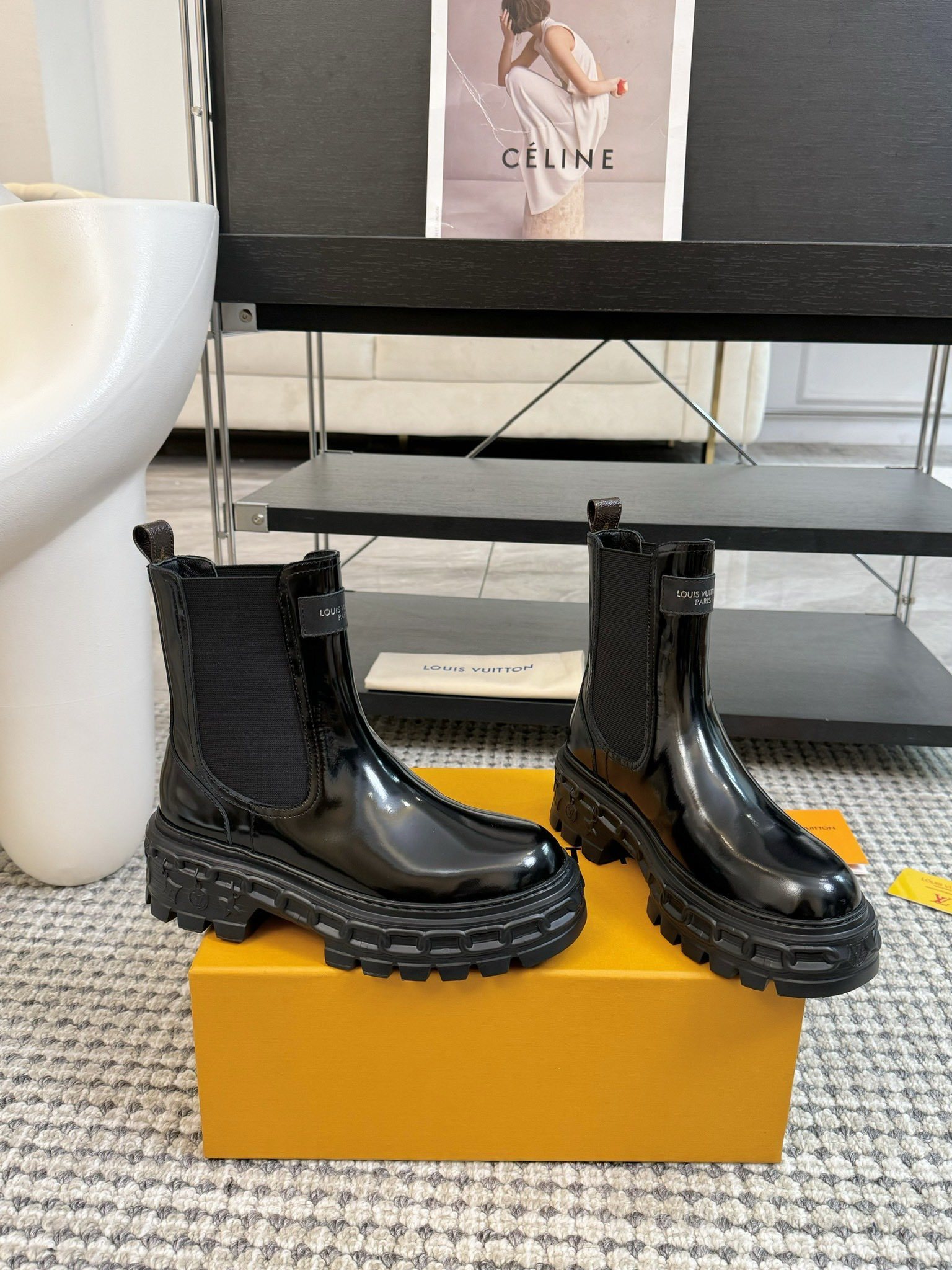 Louis Vuitton Black Patent Chelsea Boots with Chunky Lug Sole