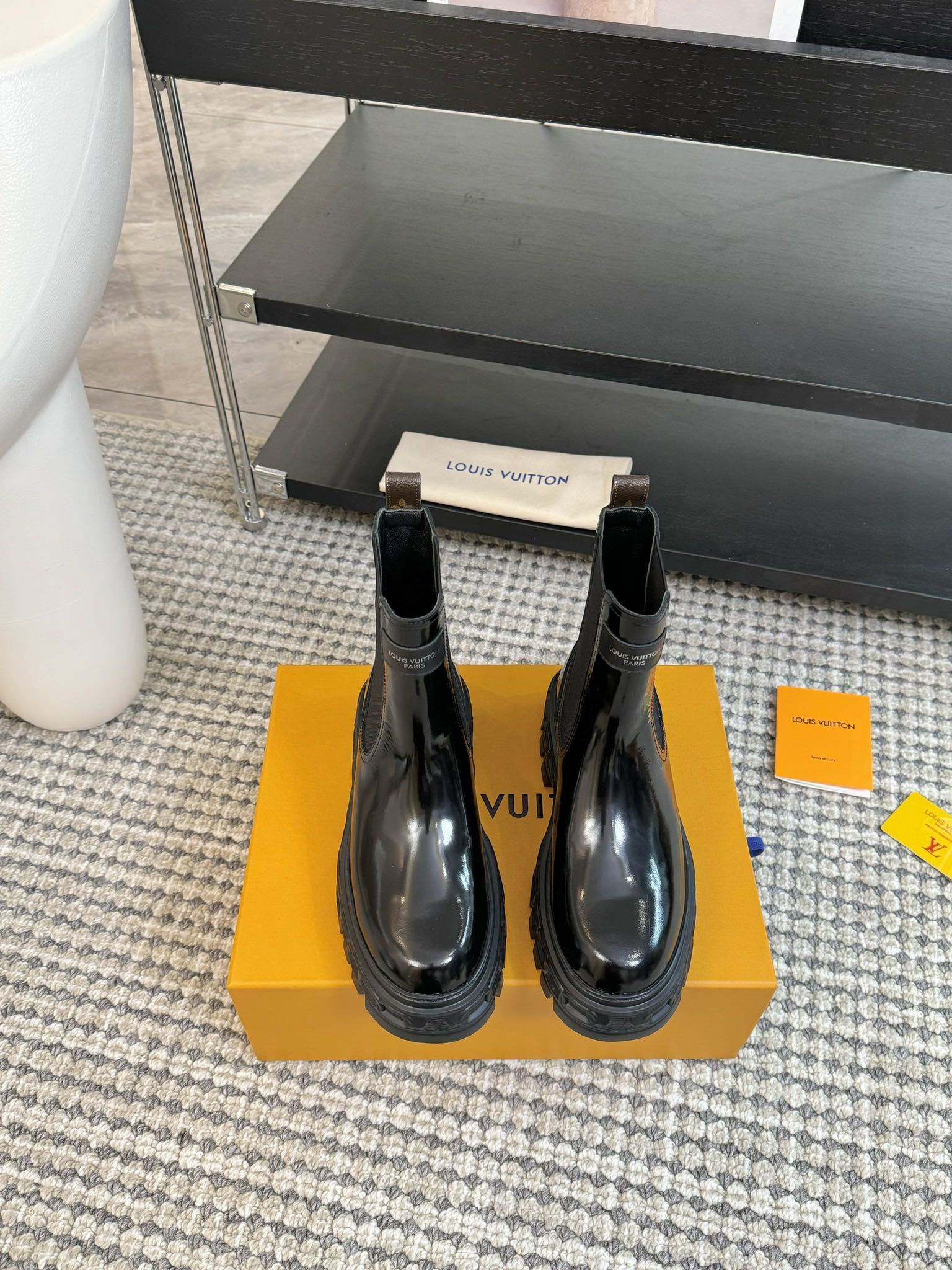 Louis Vuitton Black Patent Chelsea Boots with Chunky Lug Sole