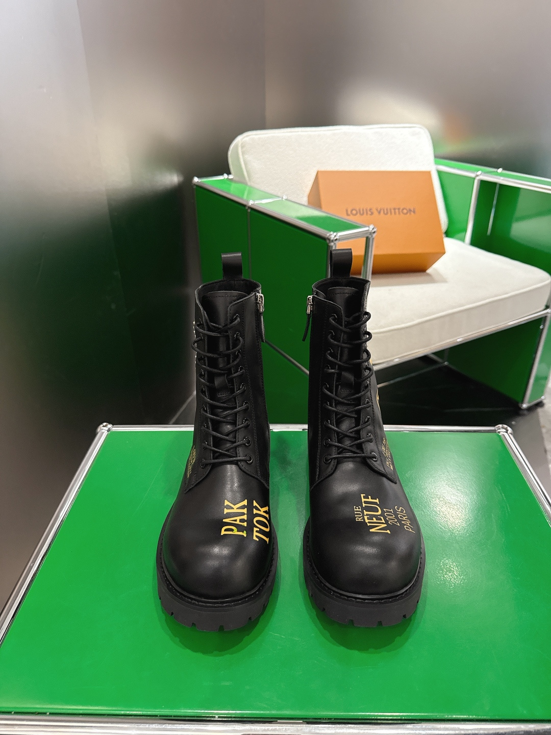 Louis Vuitton Black Leather Rue Neuf Combat Ranger Boots