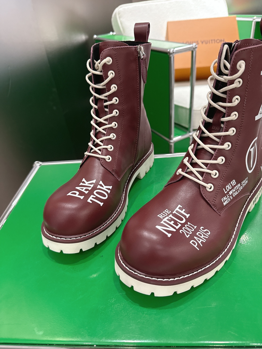 Men's Burgundy Leather Combat Boots - Rue Neuf Paris Print