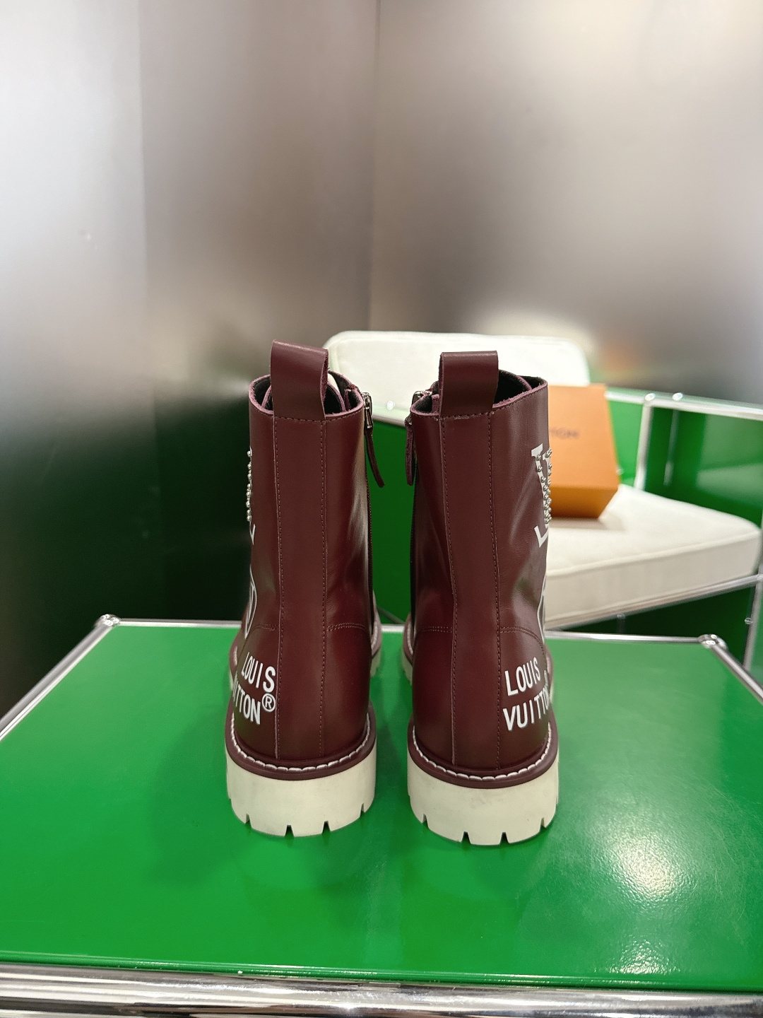 Men's Burgundy Leather Combat Boots - Rue Neuf Paris Print