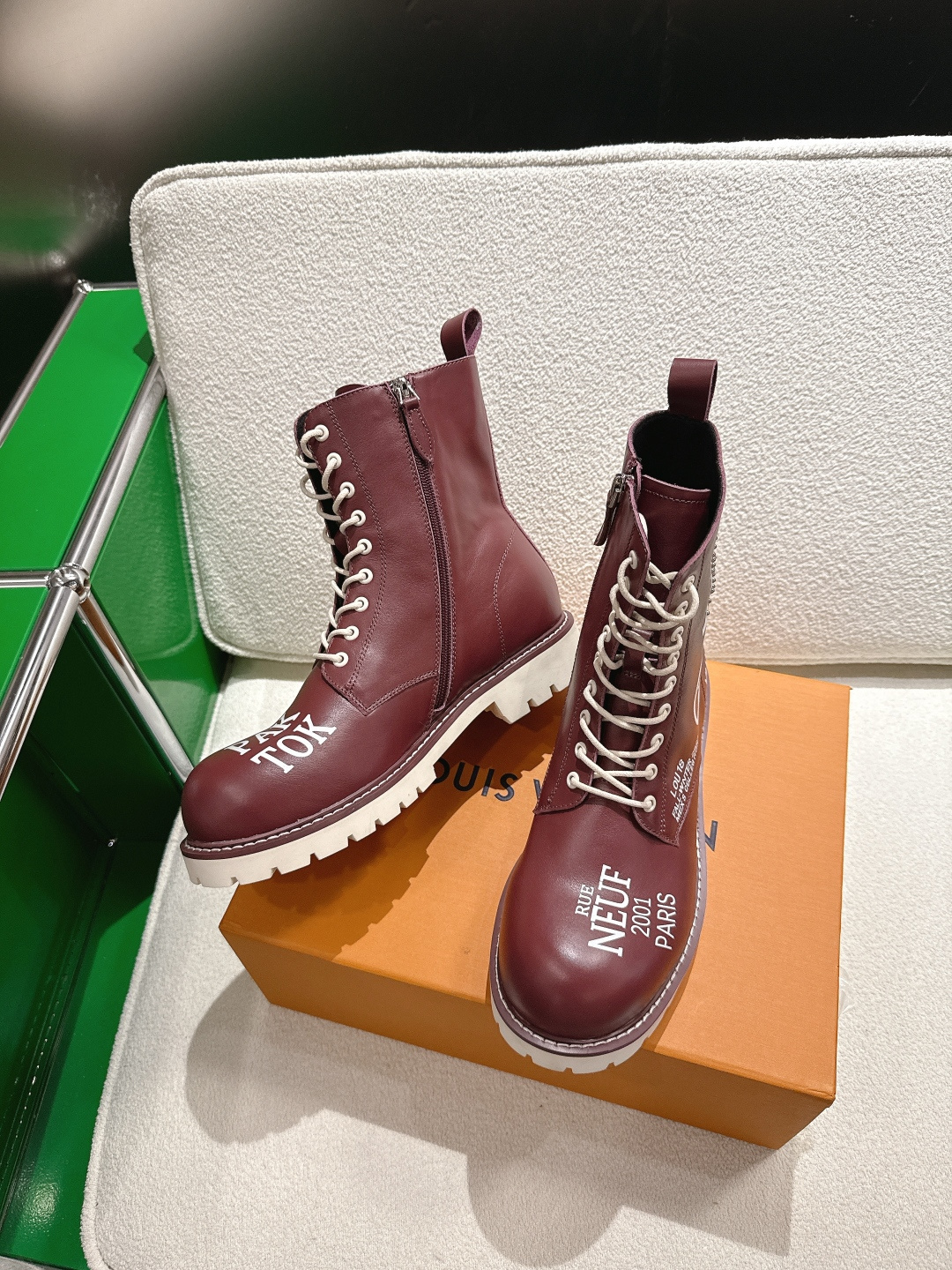 Men's Burgundy Leather Combat Boots - Rue Neuf Paris Print