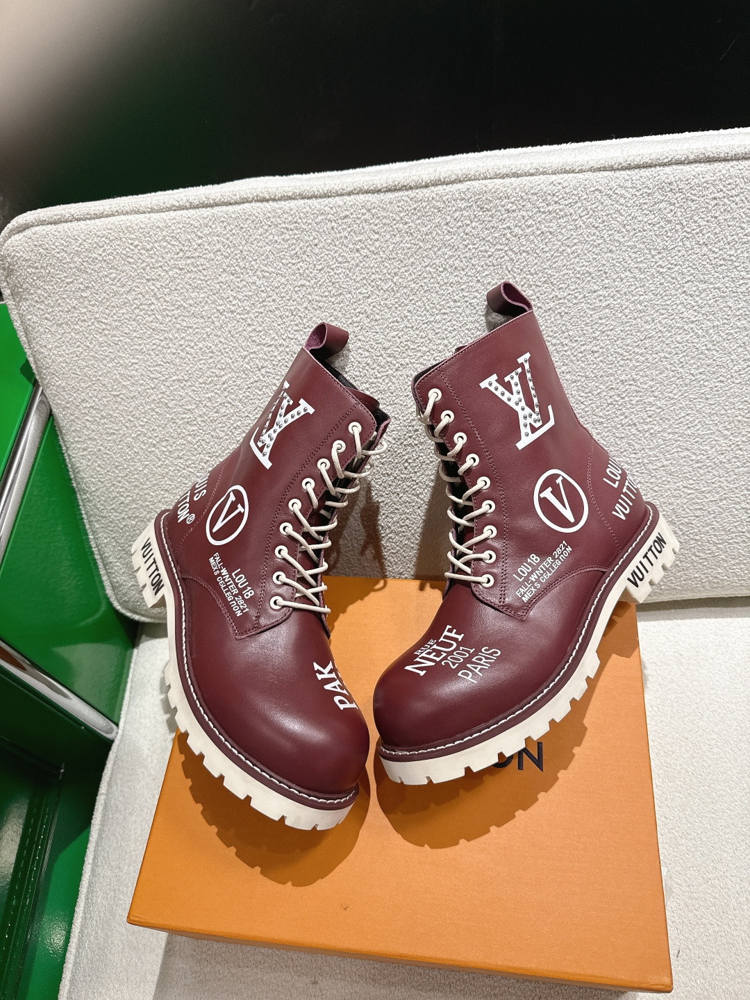 Men's Burgundy Leather Combat Boots - Rue Neuf Paris Print