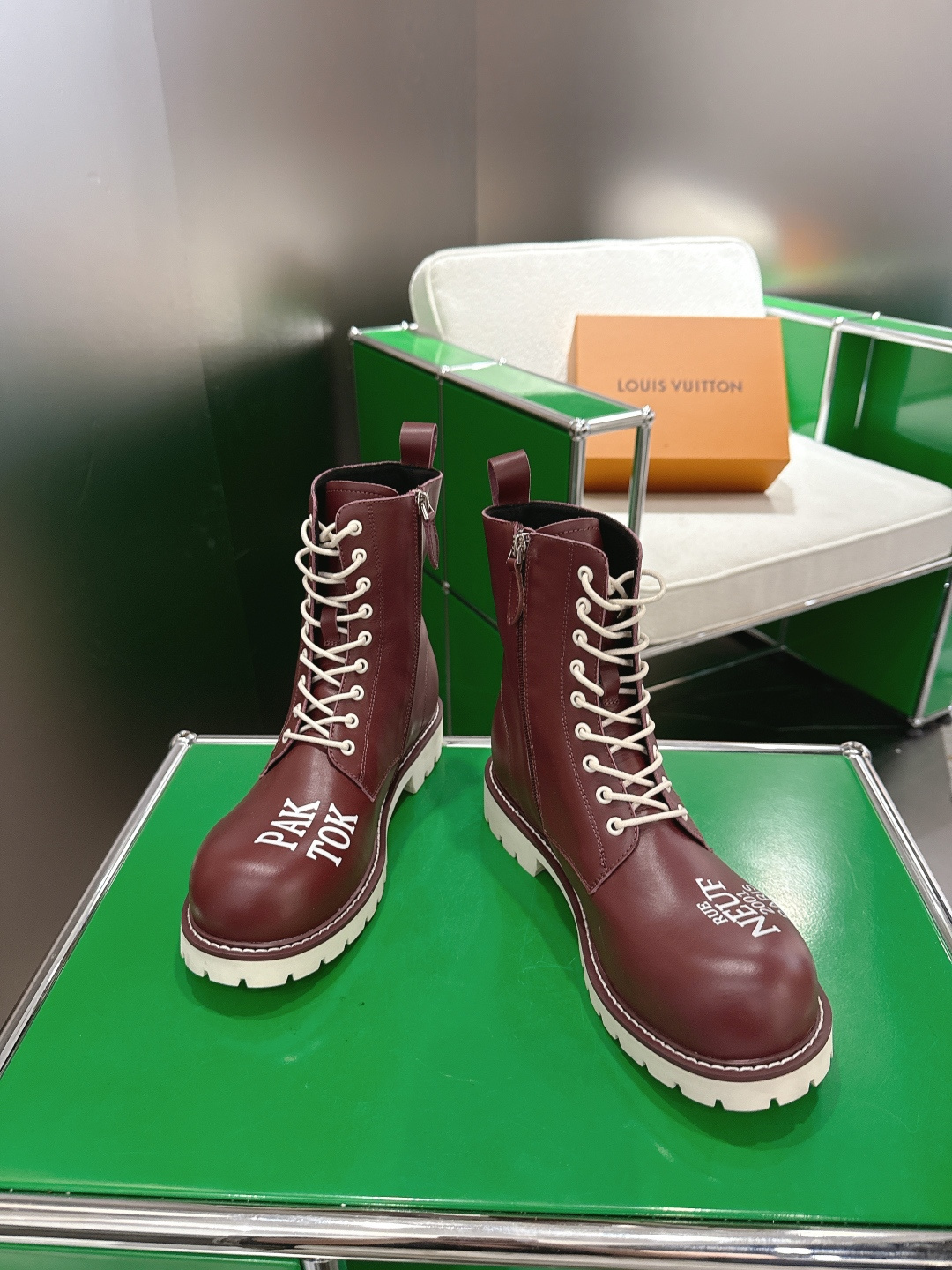 Men's Burgundy Leather Combat Boots - Rue Neuf Paris Print