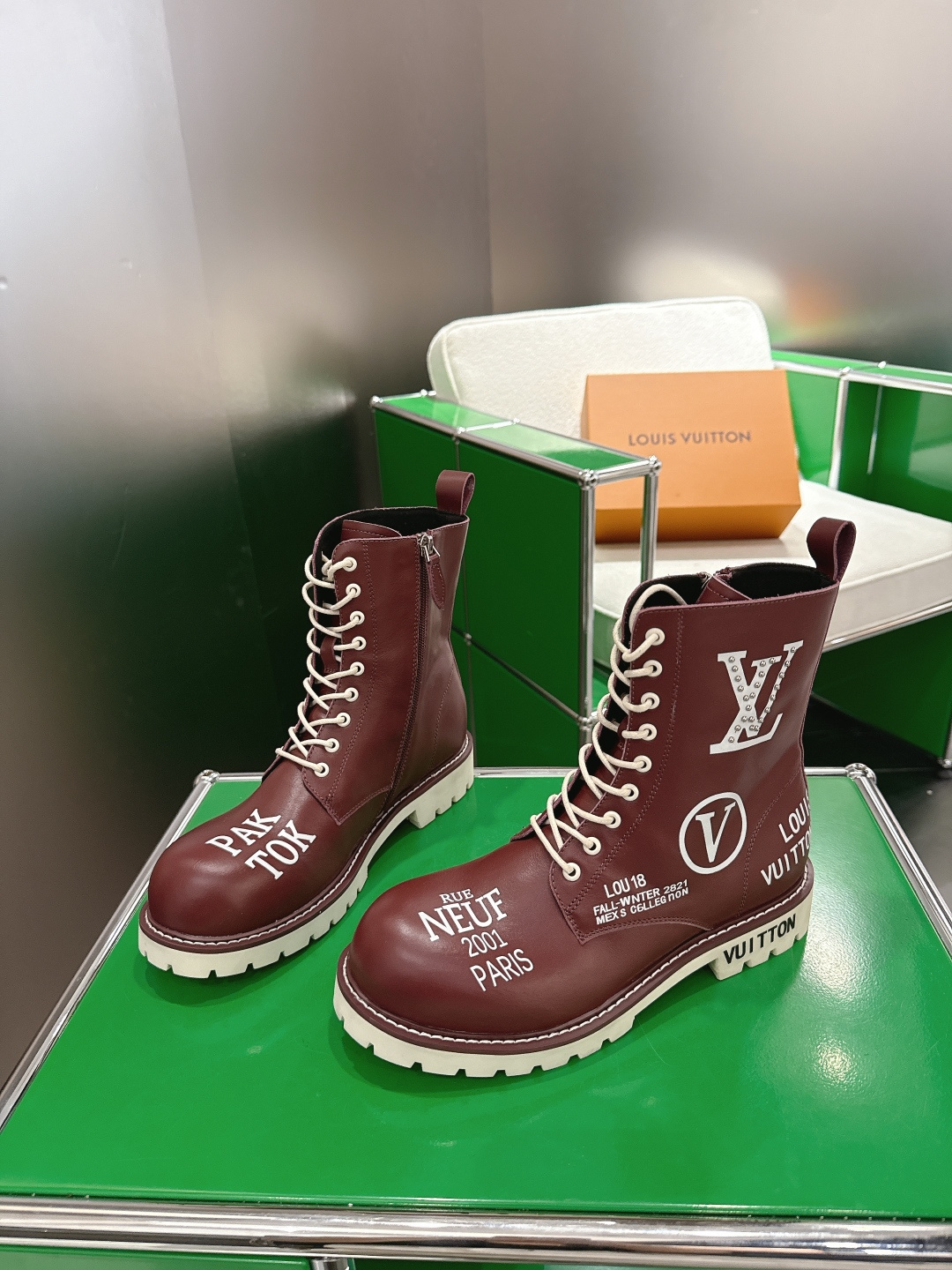 Men's Burgundy Leather Combat Boots - Rue Neuf Paris Print