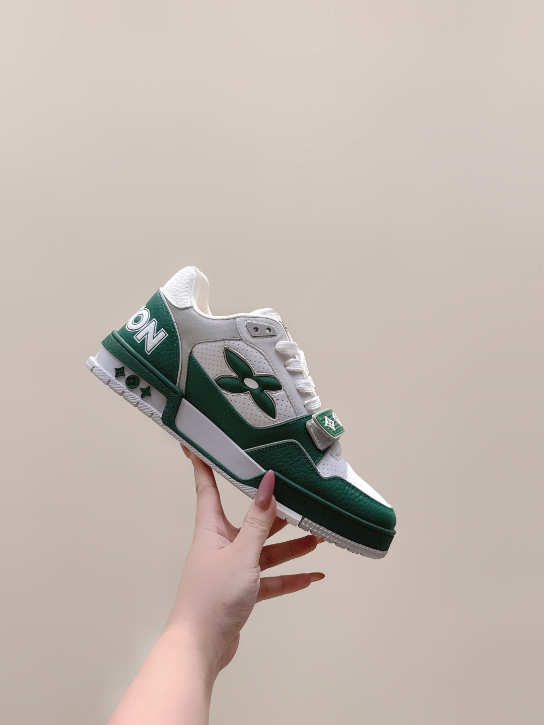Luxury LV Trainer Sneakers in Green and White Perforated Leather