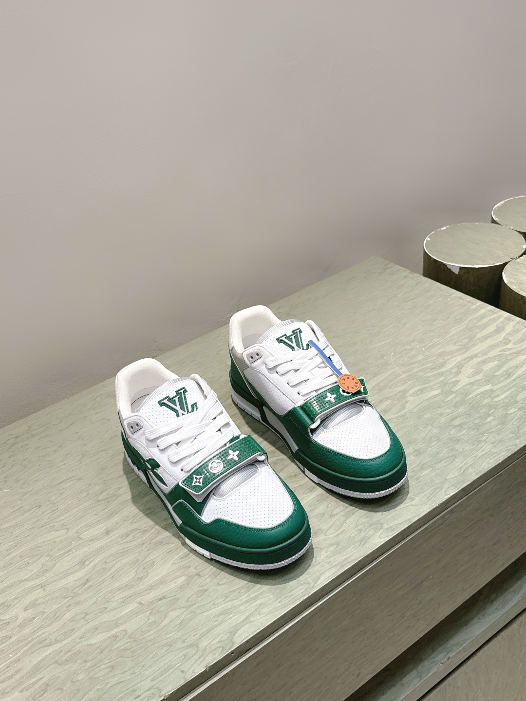Luxury LV Trainer Sneakers in Green and White Perforated Leather