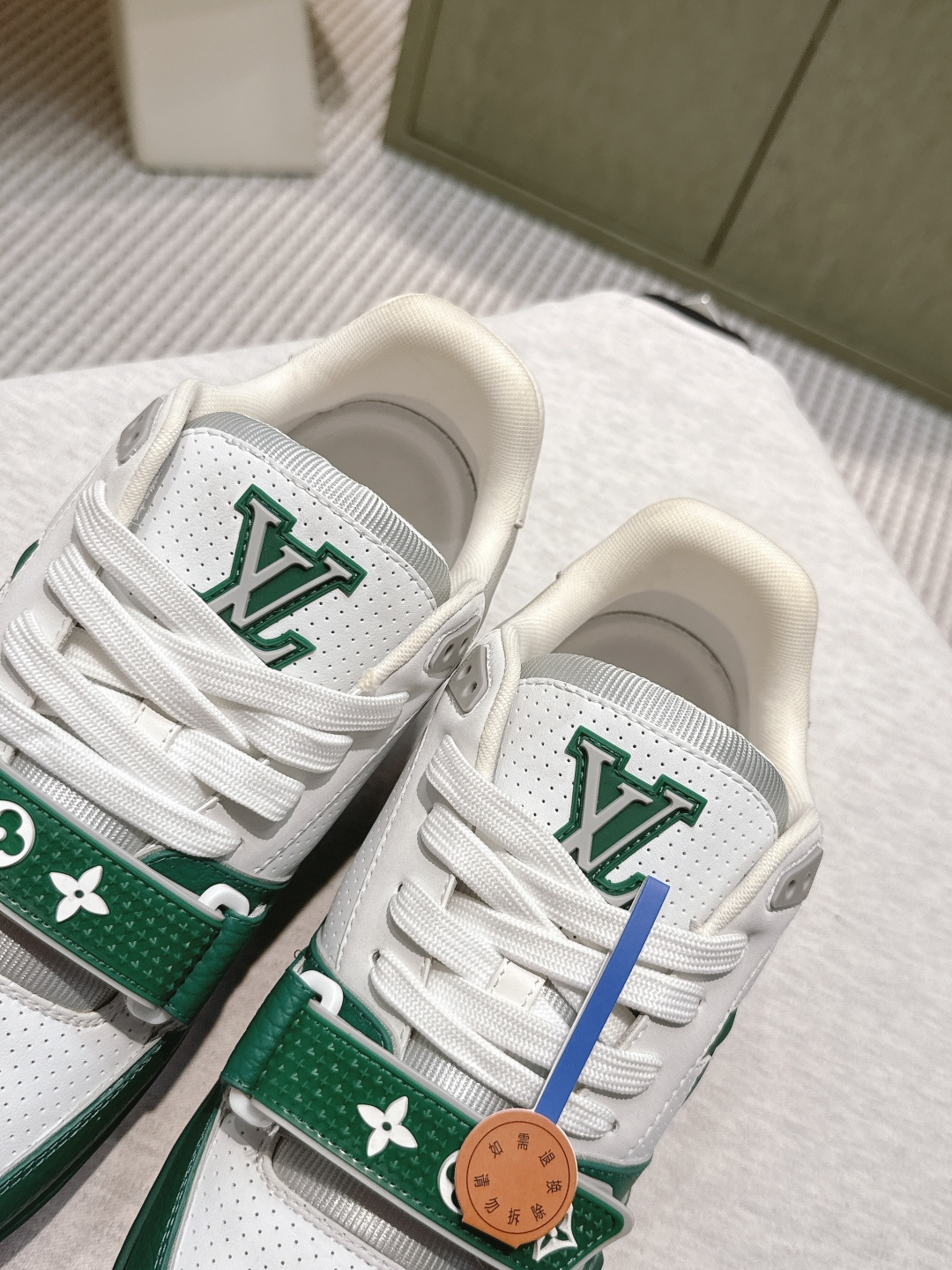 Luxury LV Trainer Sneakers in Green and White Perforated Leather