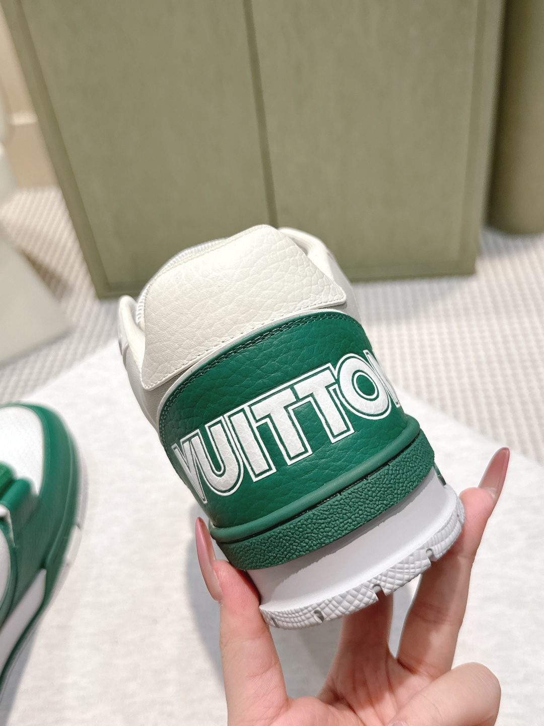 Luxury LV Trainer Sneakers in Green and White Perforated Leather