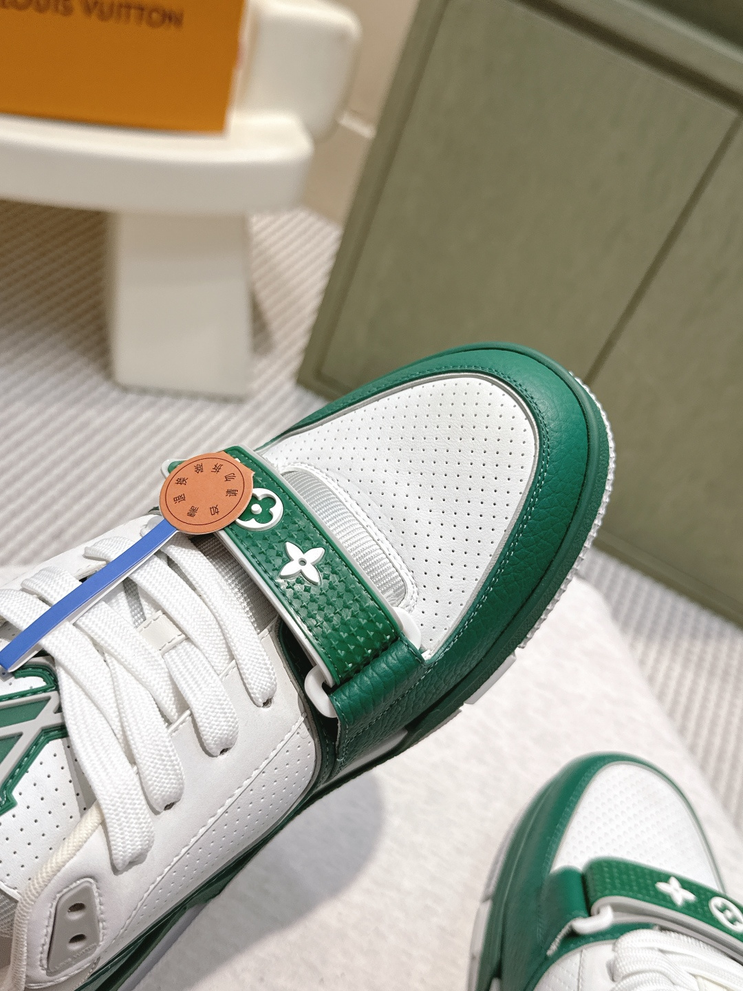 Luxury LV Trainer Sneakers in Green and White Perforated Leather