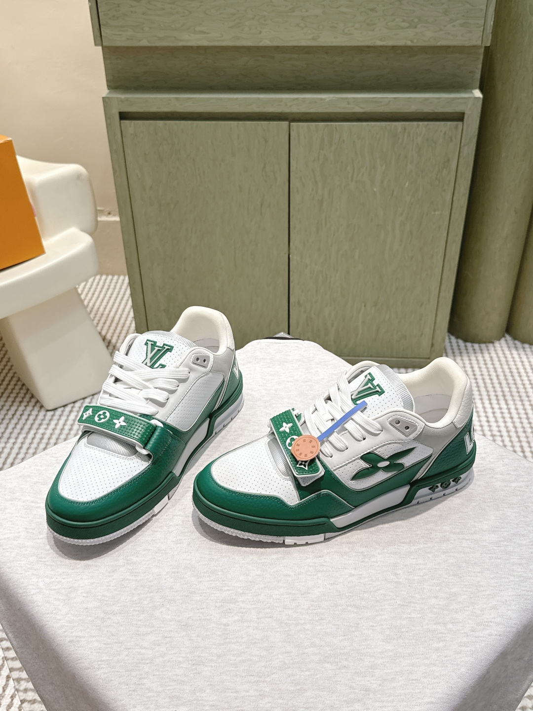 Luxury LV Trainer Sneakers in Green and White Perforated Leather