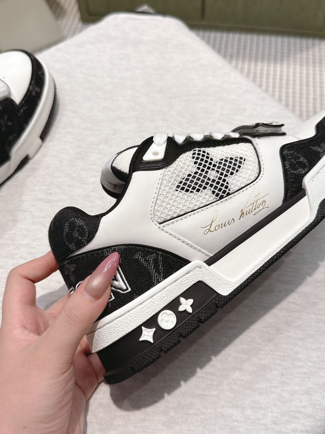 LV Trainer Sneaker Black White Monogram Strap Luxury Shoes